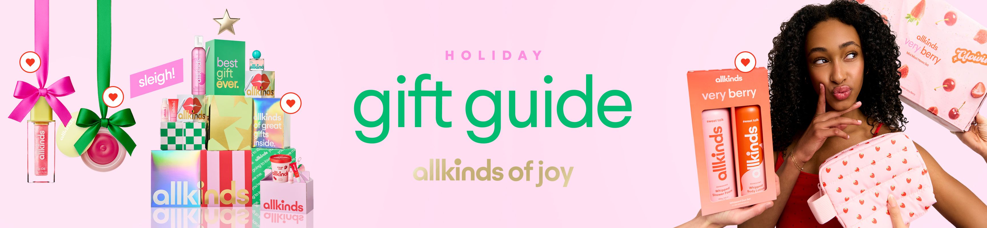 allkinds gift guide banner featuring beauty and self-care products styled as desserts on a pink background.