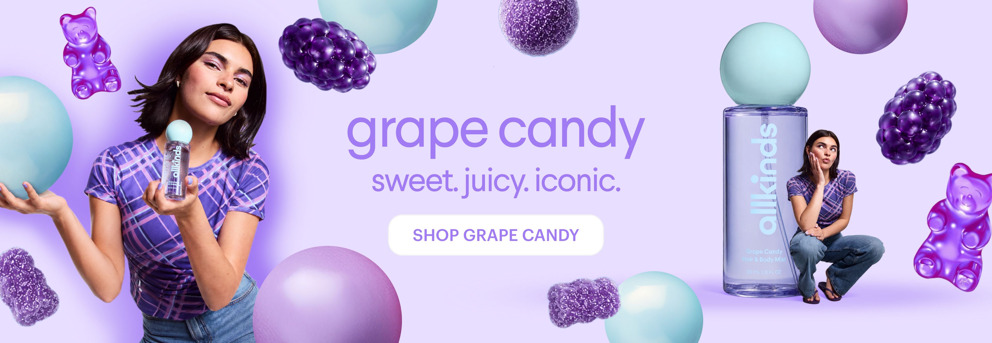 A vibrant ad for Allkinds 'grape candy' perfume with two women posing beside a large bottle, surrounded by purple gummy bears and spheres.