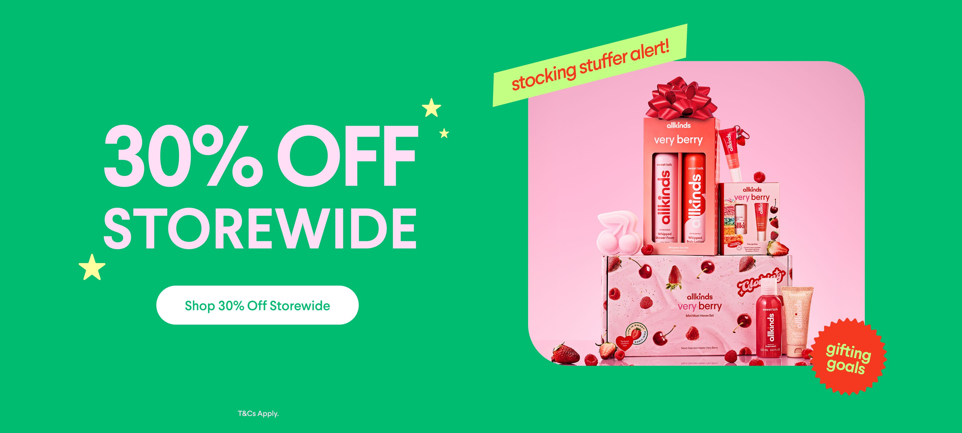 Advertisement for "30% OFF STOREWIDE" sale, featuring "alikinds very berry" beauty products labeled "stocking stuffer alert!" and "gifting goals."