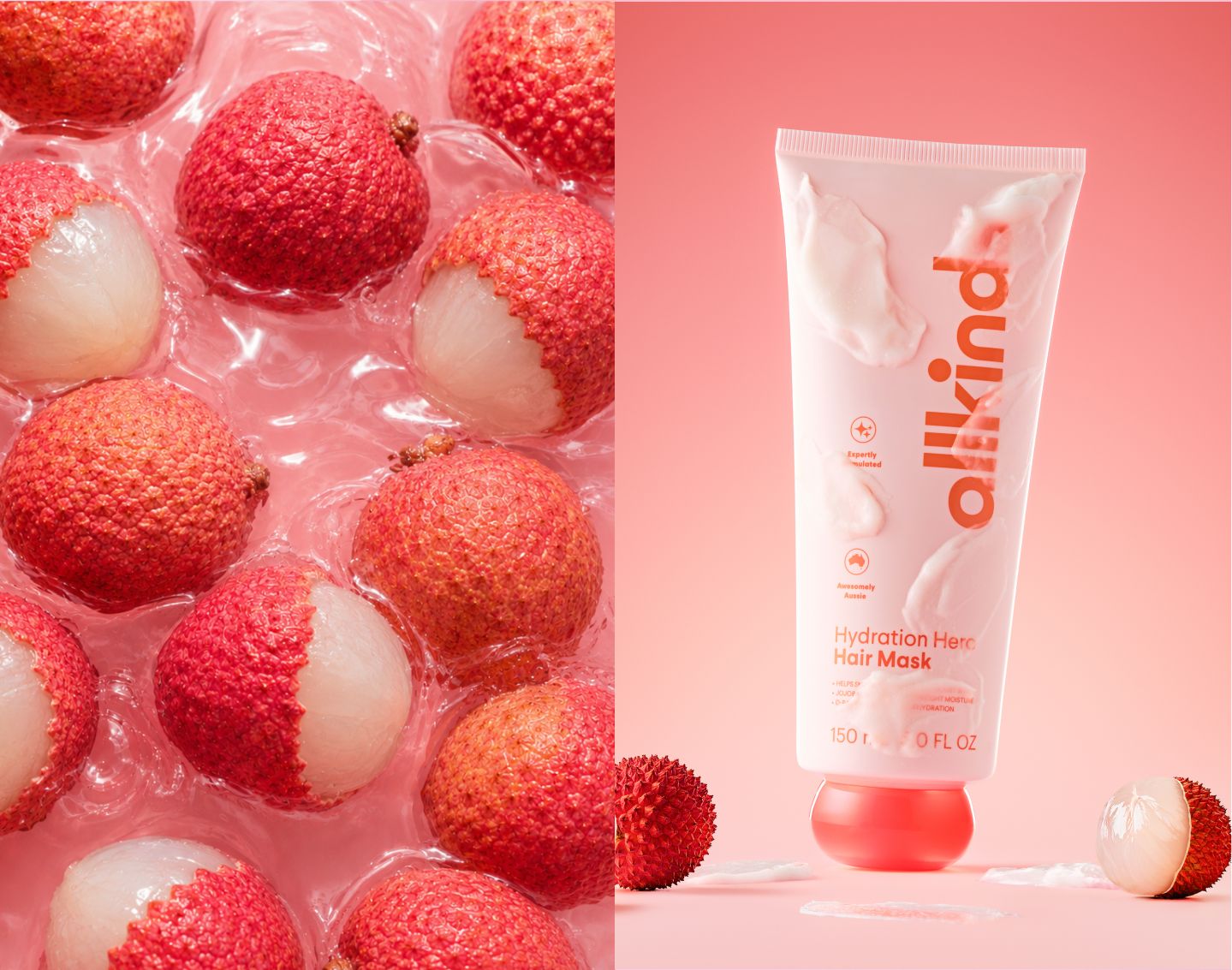 Lychee fruits in pink liquid on the left, and an all kind Hydration Hemp Hair Mask tube with product drips and lychees on a pink background on the right.