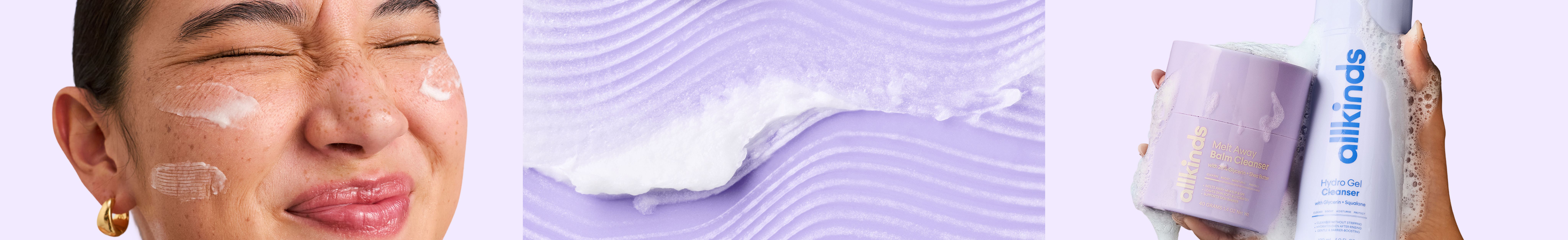 Person with cream on face, product on a purple textured surface, and a hand holding skincare bottles with foam.