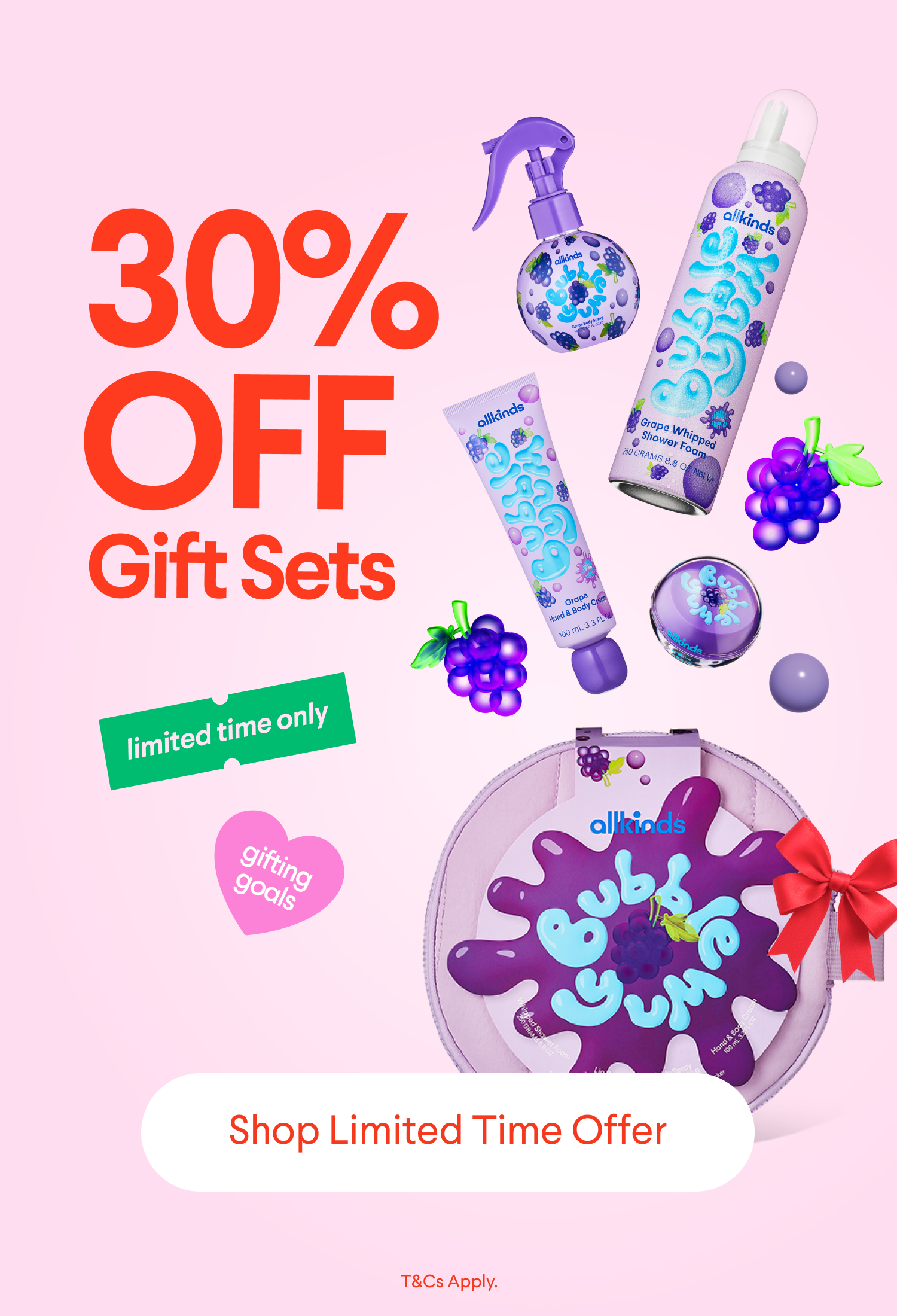 Advertisement showing "30% OFF Gift Sets" for allkinds Bubble Yum grape-themed body care products and a gift bag.