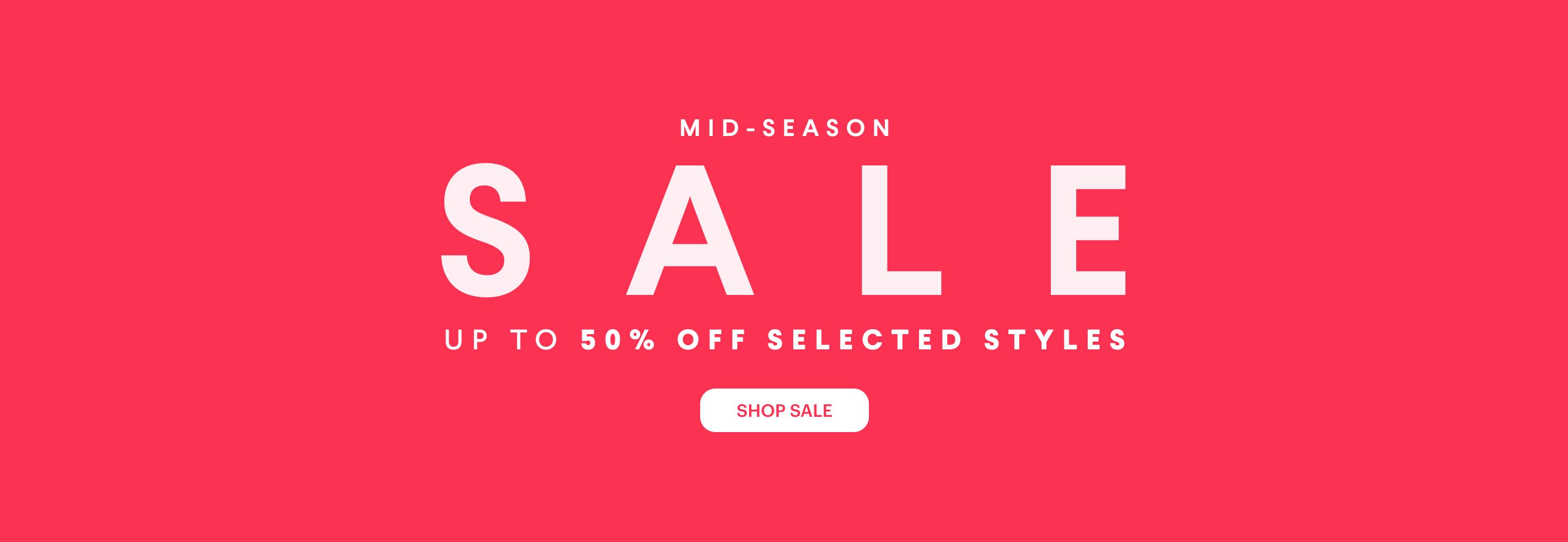 Mid-Season Sale banner with "SALE" in large white letters, "Up to 50% off selected styles," and a "Shop Sale" button.
