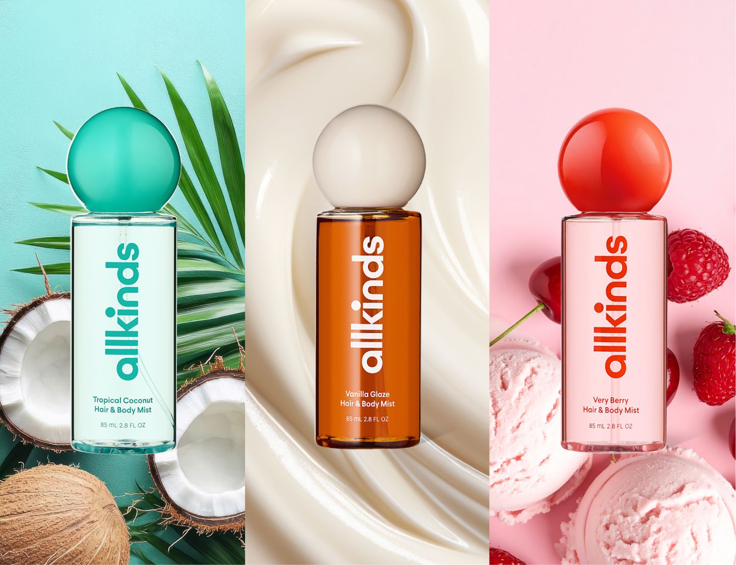 Three Allkinds hair and body mists: Tropical Coconut, Vanilla Glaze, and Very Berry, each against a themed background.