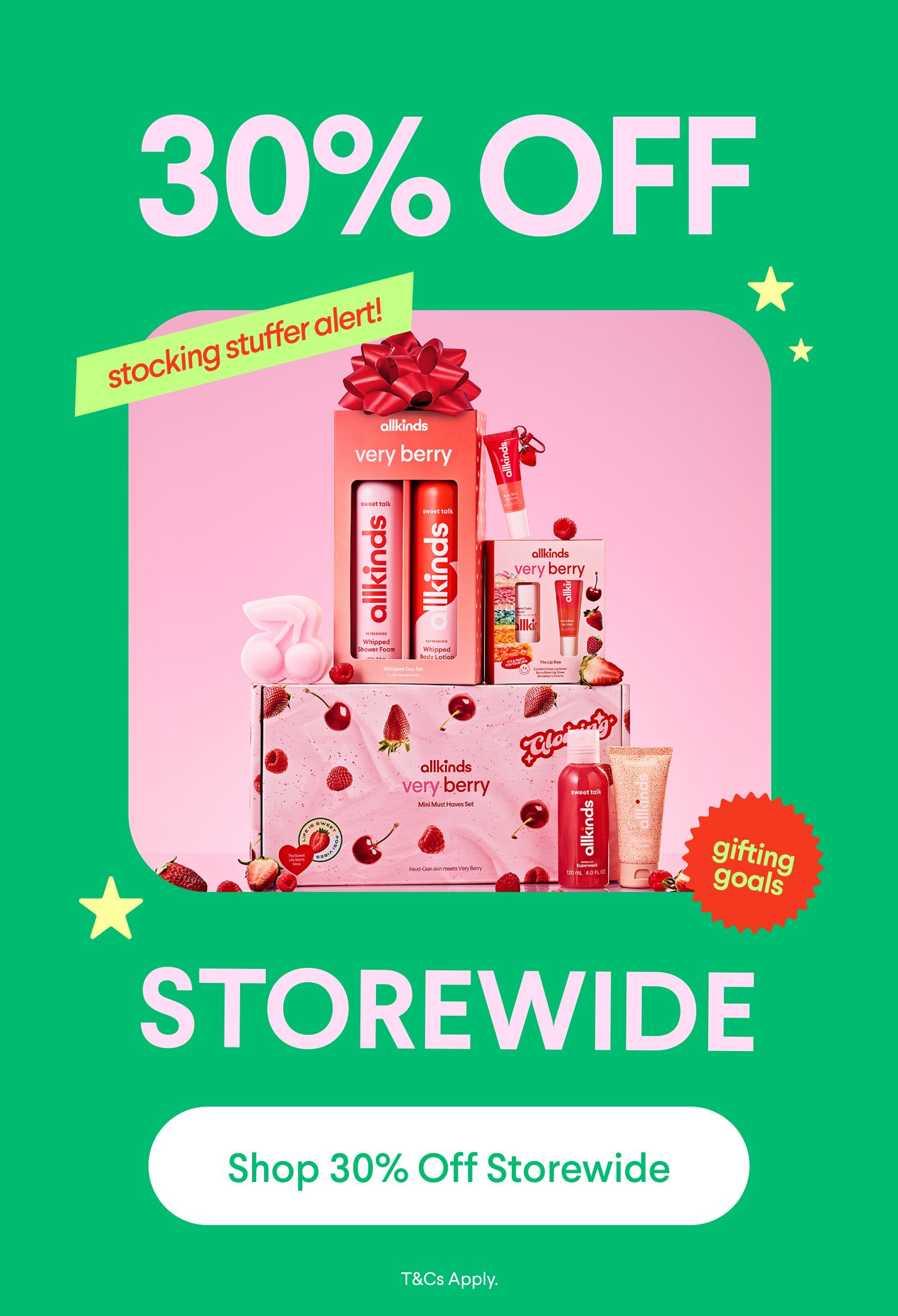 Advertisement for allkinds Very Berry bath and body products, featuring gift sets. Text reads: "30% OFF STOREWIDE", "stocking stuffer alert!", and "gifting goals".