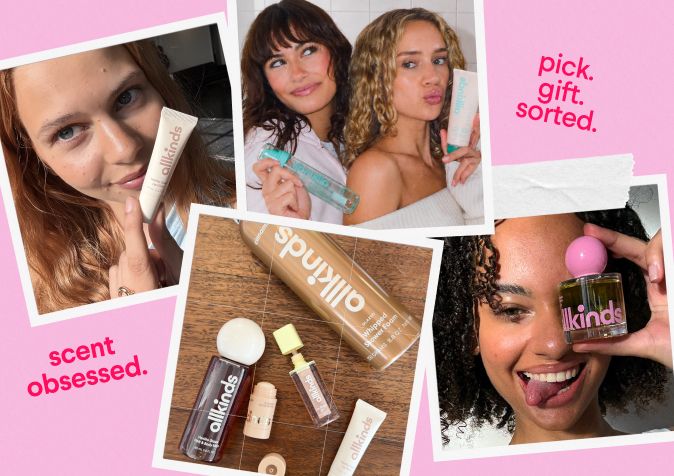A collage of photos showing diverse models interacting with various Allkinds beauty and fragrance products, alongside a product flat lay. Text reads "pick. gift. sorted." and "scent obsessed."