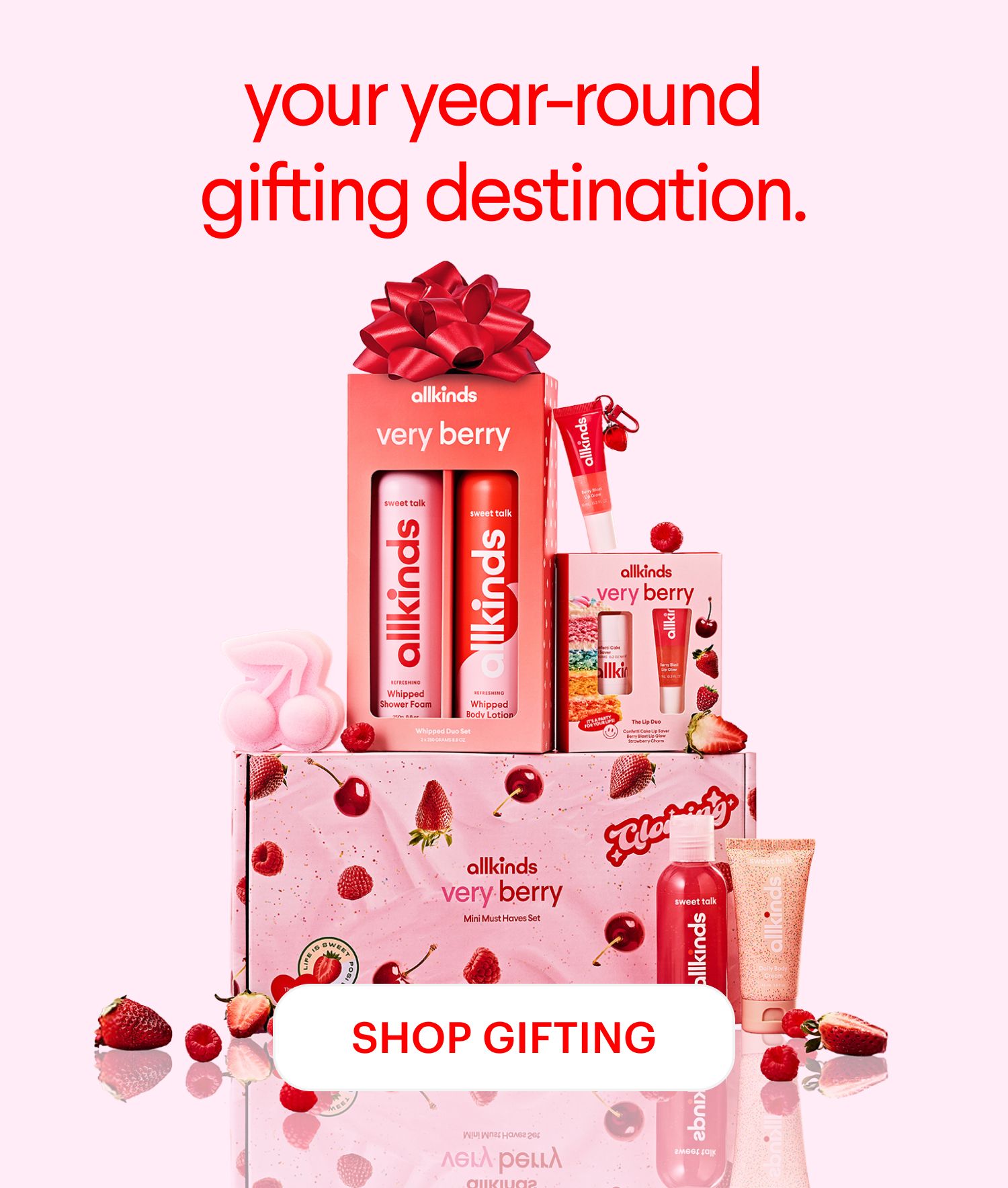 Allkinds Very Berry beauty gift sets including shower foam, lotion, and lip products, surrounded by fresh berries, with text "your year-round gifting destination. SHOP Gifting."