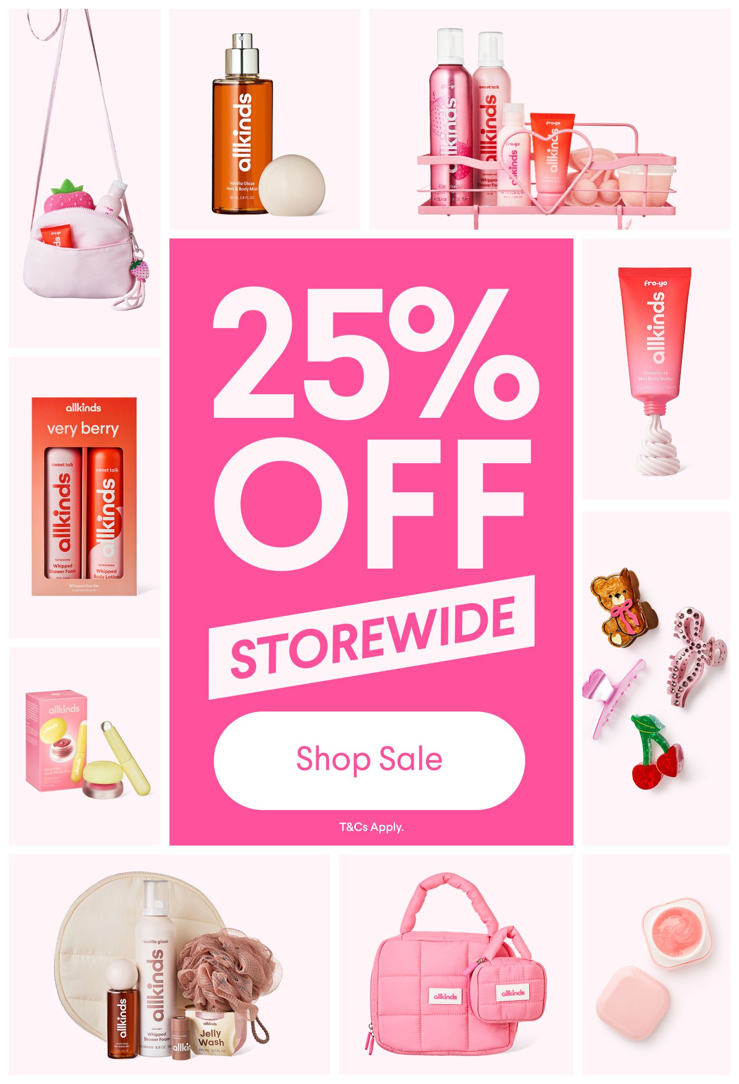 An advertisement for Allkinds showing various pink and orange beauty products and accessories, with a large pink banner saying '25% OFF STOREWIDE'.