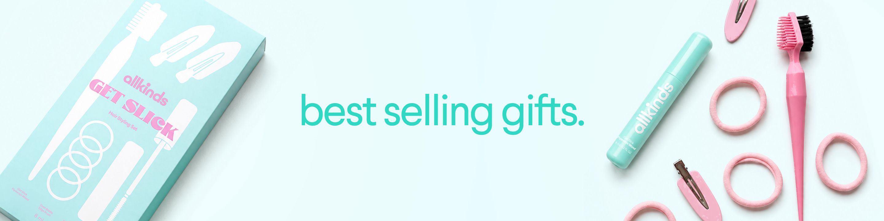 Mint and pink allkinds hair accessories and beauty products with text "best selling gifts."