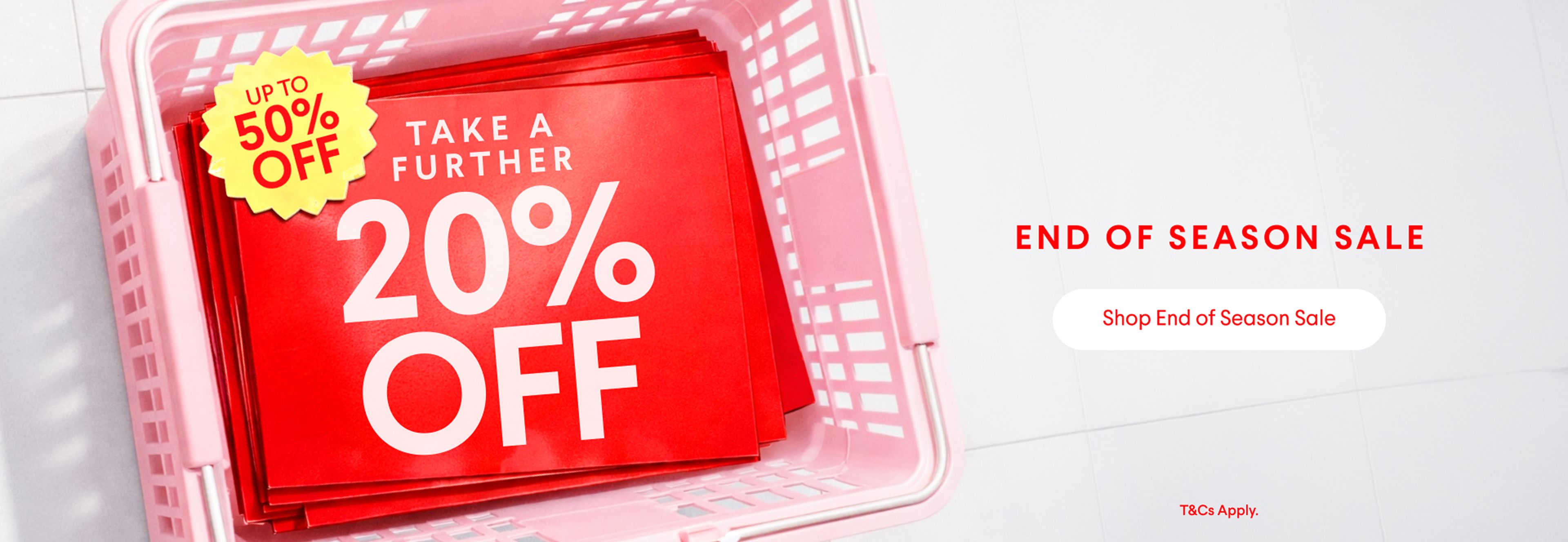 End of Season Sale banner: Up to 50% off, take a further 20% off.