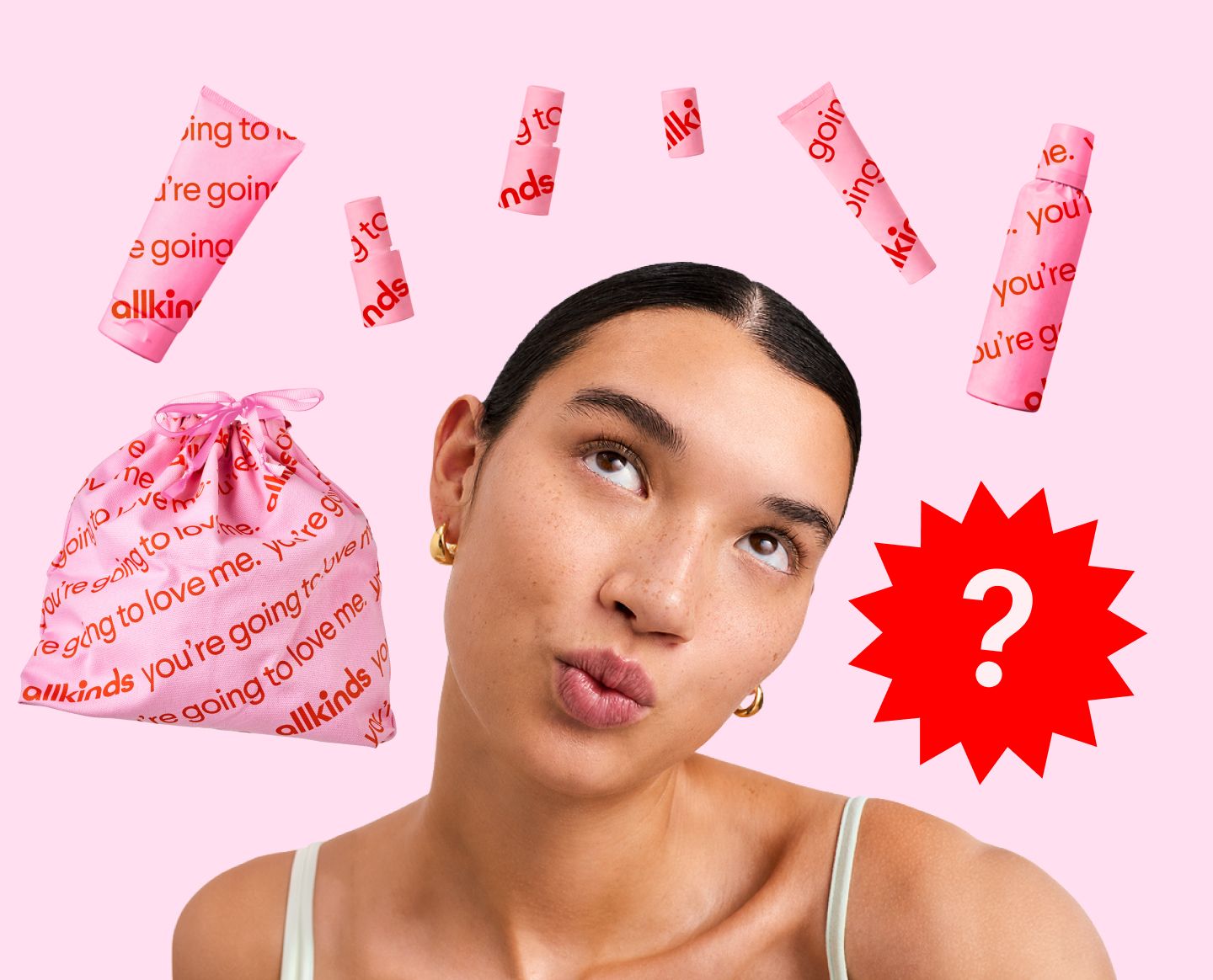 Thoughtful person surrounded by floating pink "allkinds" beauty products and a red question mark.