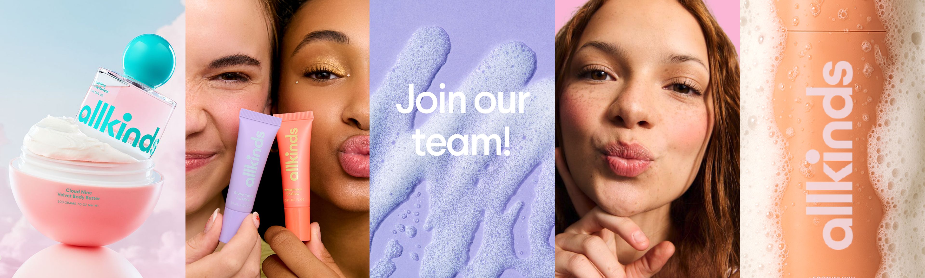 Colorful Allkinds brand collage with diverse models, beauty products, and 'Join our team!' text.