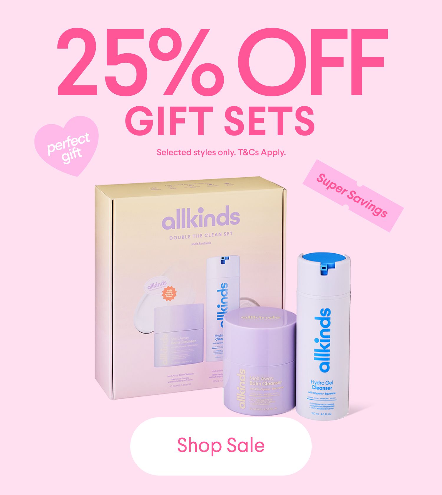 Allkinds advertisement for 25% off gift sets, showing a product box and two individual beauty items, with a 'Shop Sale' button.