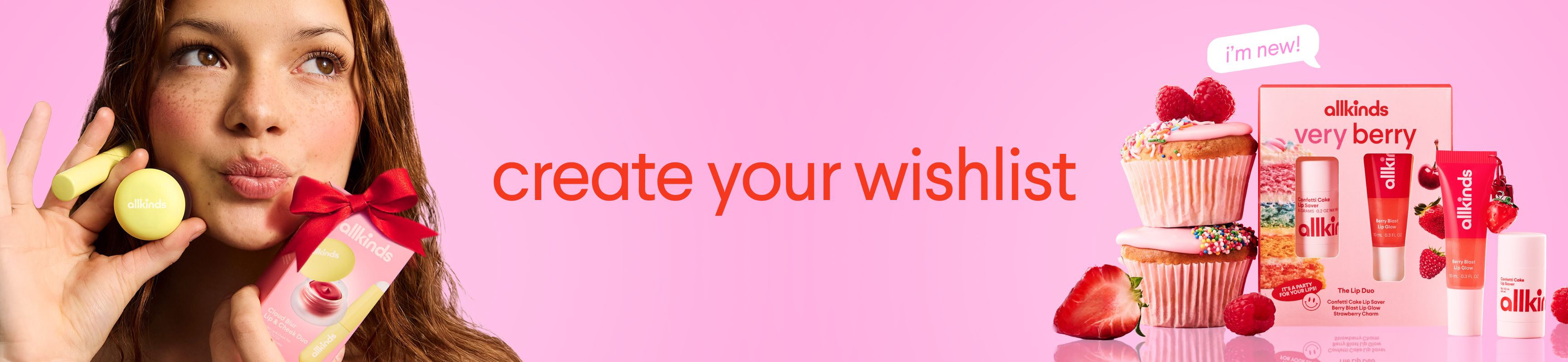 Woman with lip balm and gift box, text "create your wishlist," and "ollikids very berry" lip products with cupcakes and berries.