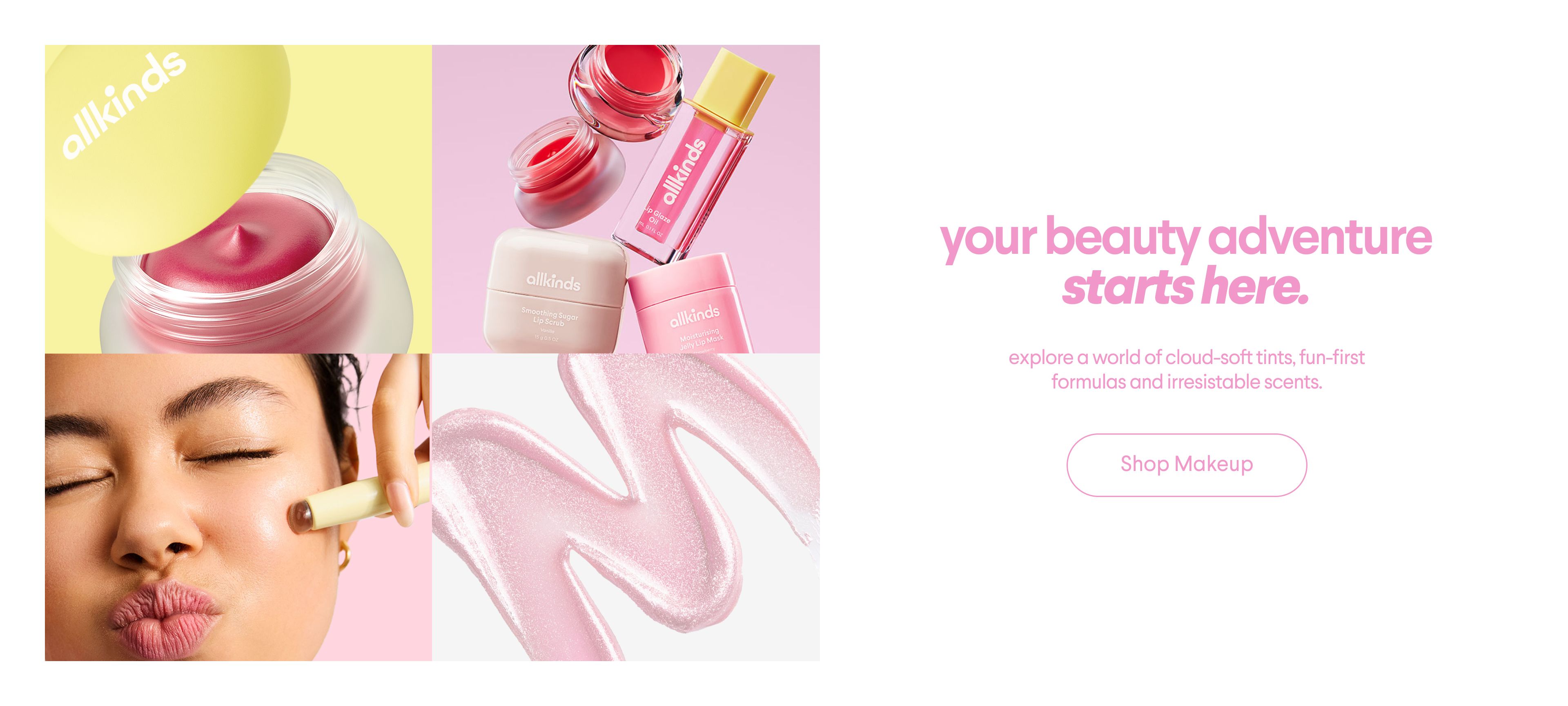 a woman is holding a jar of blush in front of her face .