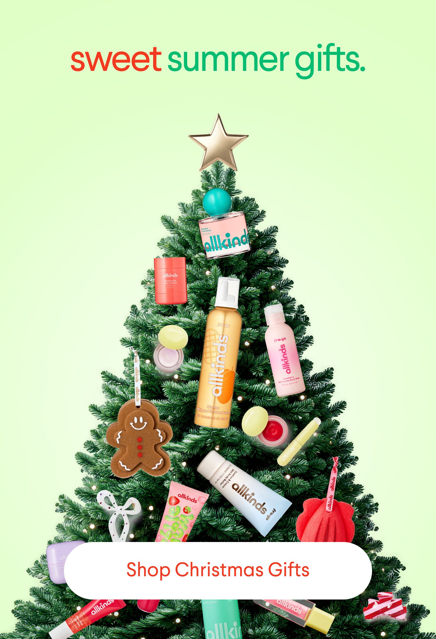 Christmas tree decorated with beauty products and a gingerbread man ornament. Text reads "sweet summer gifts" and "Shop Christmas Gifts".