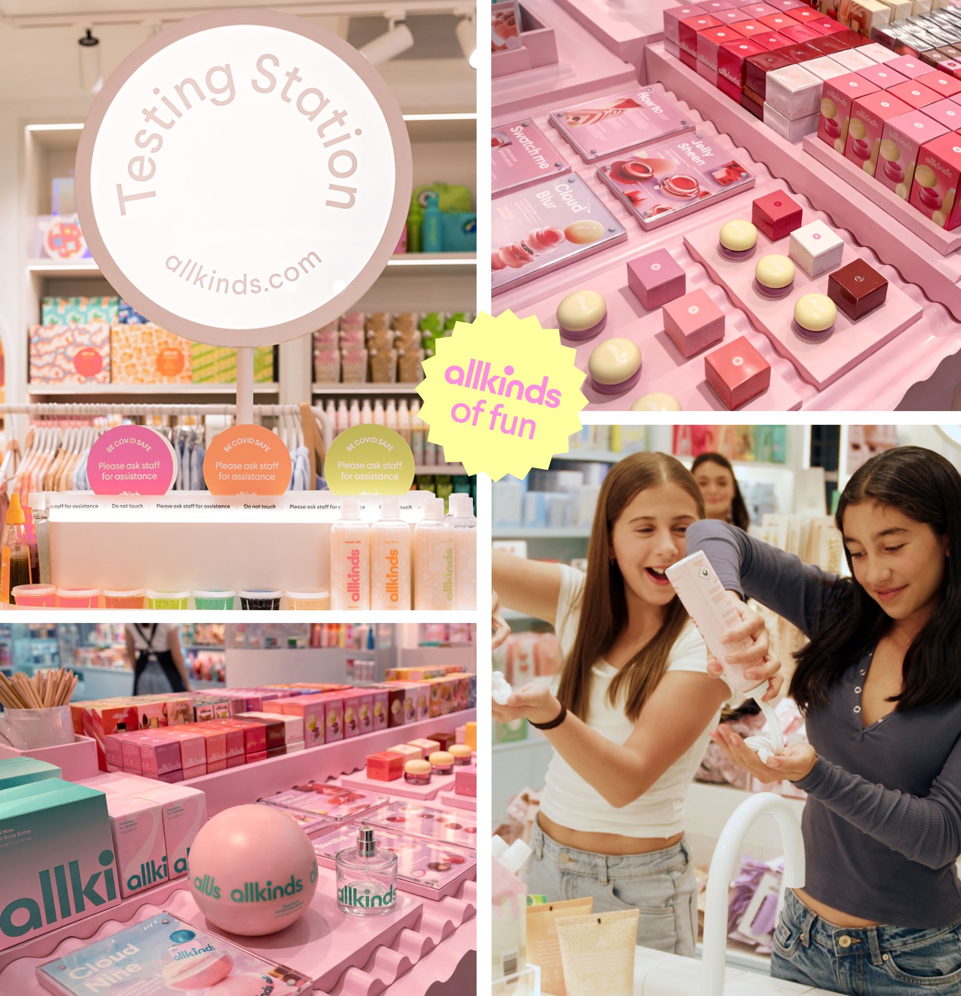 Collage of an allkinds store with colorful product displays, a "Testing Station" sign, and two girls happily trying products at a sink.