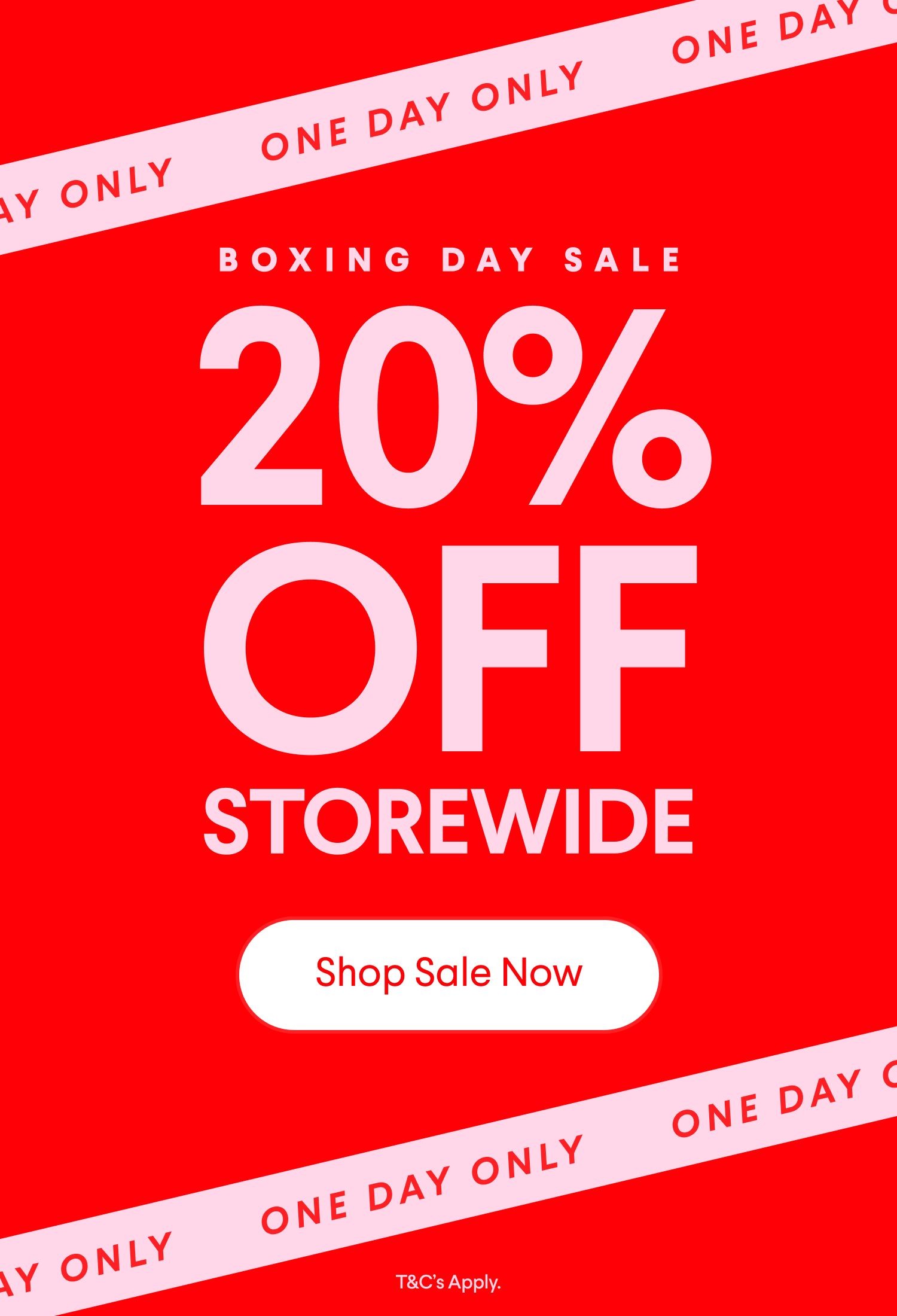 Red graphic for a "Boxing Day Sale" offering "20% OFF STOREWIDE" for "ONE DAY ONLY," with a "Shop Sale Now" button.