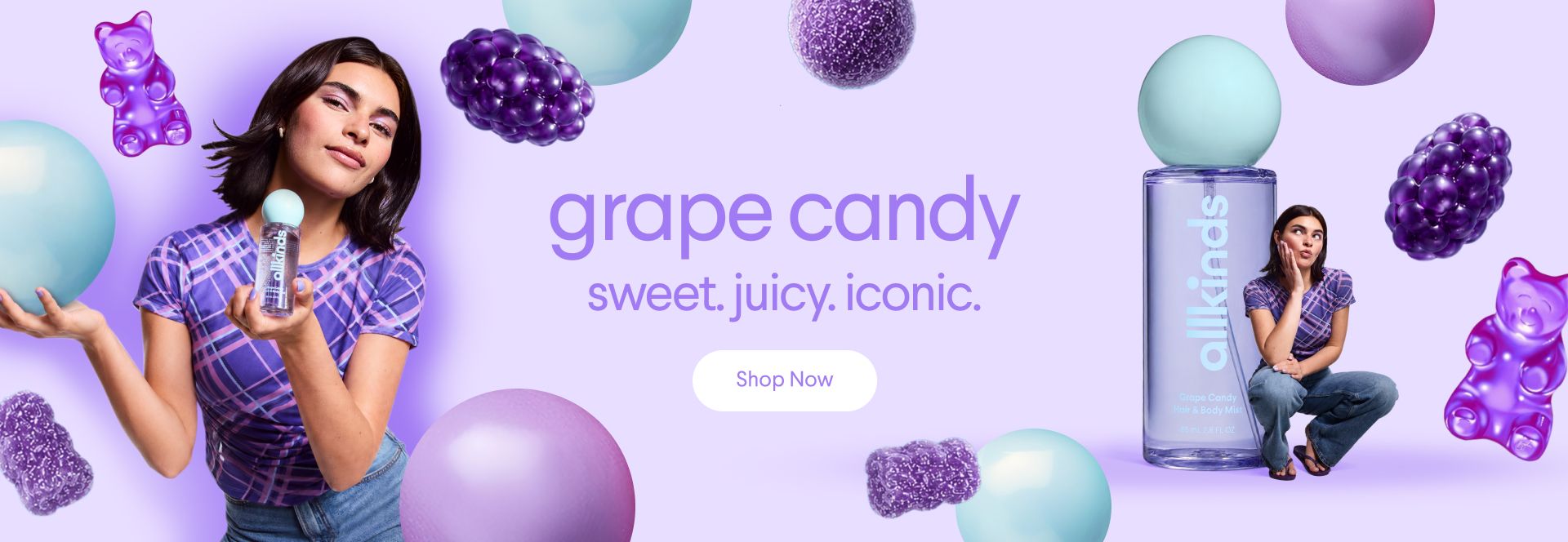 Advertisement for allkinds 'grape candy' fragrance featuring a woman holding and posing with perfume bottles, surrounded by purple and blue candy shapes.