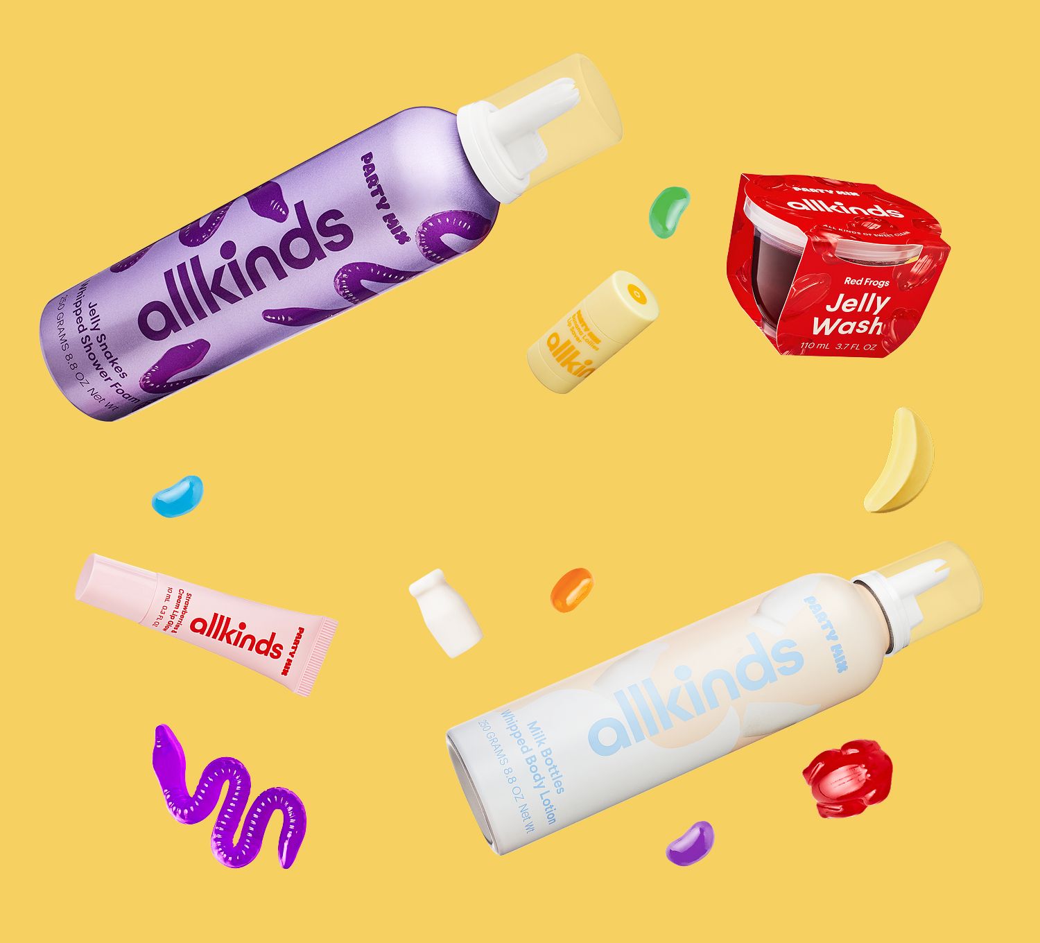 a variety of allkinds products are floating in the air on a yellow background .