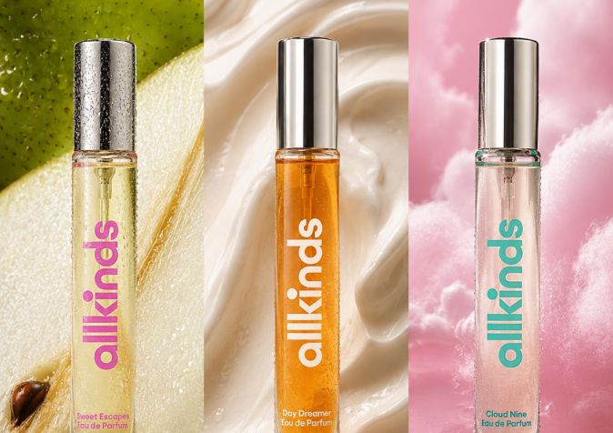 Three Allkinds perfume bottles: yellow 'Sweet Escapes' against a pear, amber 'Day Dreamer' against swirling cream, and pink 'Cloud Nine' against pink clouds.