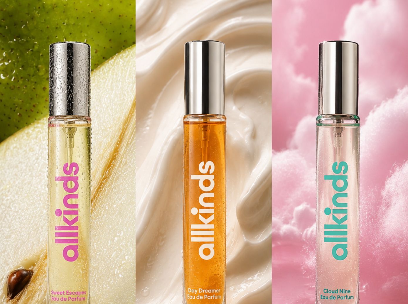 Three allkinds perfume bottles, each with a different color liquid against a themed background: pear, cream, and pink clouds.