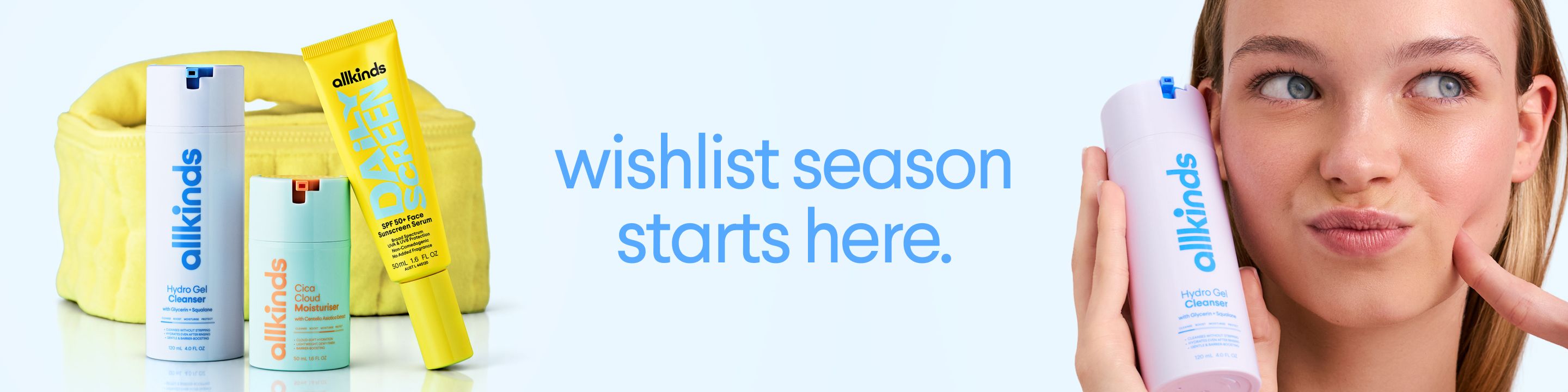 Allkinds skincare products, a playful woman holding a bottle, and the text "wishlist season starts here."