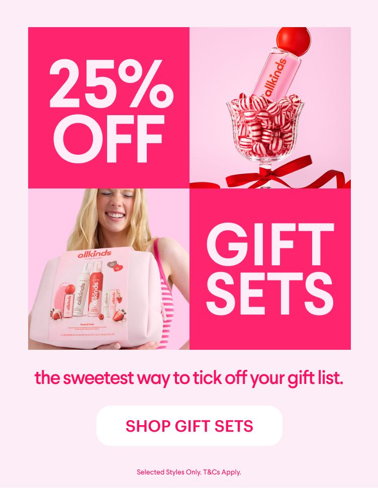 Allkinds ad: 25% off gift sets. Features cosmetic products, candy, and a smiling person, with a 'Shop Gift Sets' button.