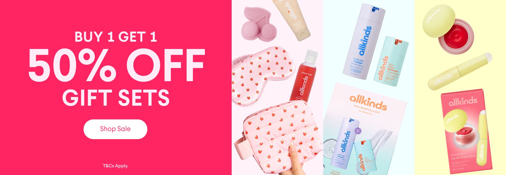 An "allkinds" ad promoting "Buy 1 Get 1 50% Off Gift Sets" with images of beauty products, including heart-patterned accessories, lotions, and lip balms.
