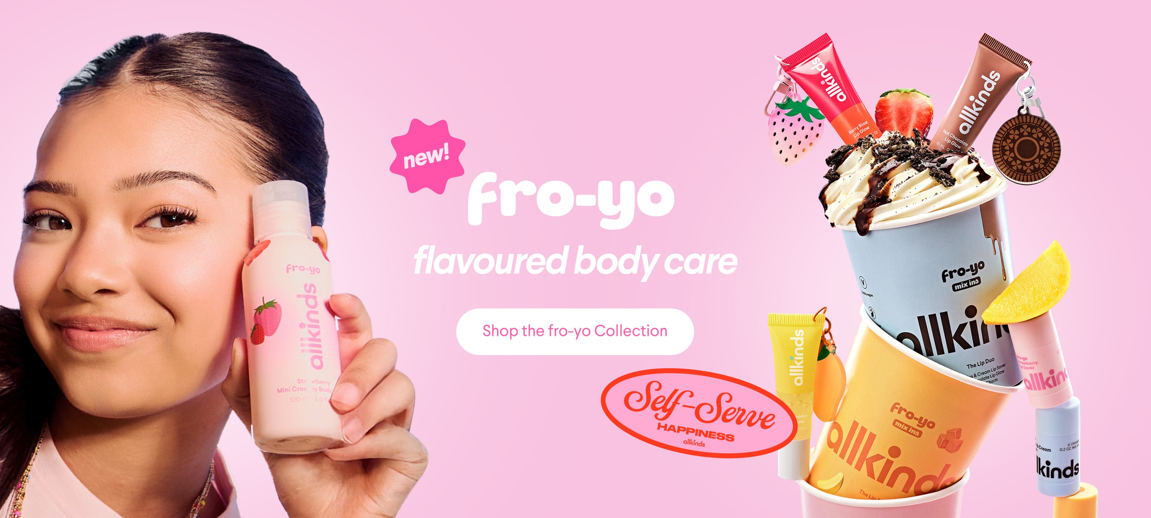 Advertisement for allkinds fro-yo body care, showing a person holding a strawberry lotion bottle surrounded by dessert-themed products.