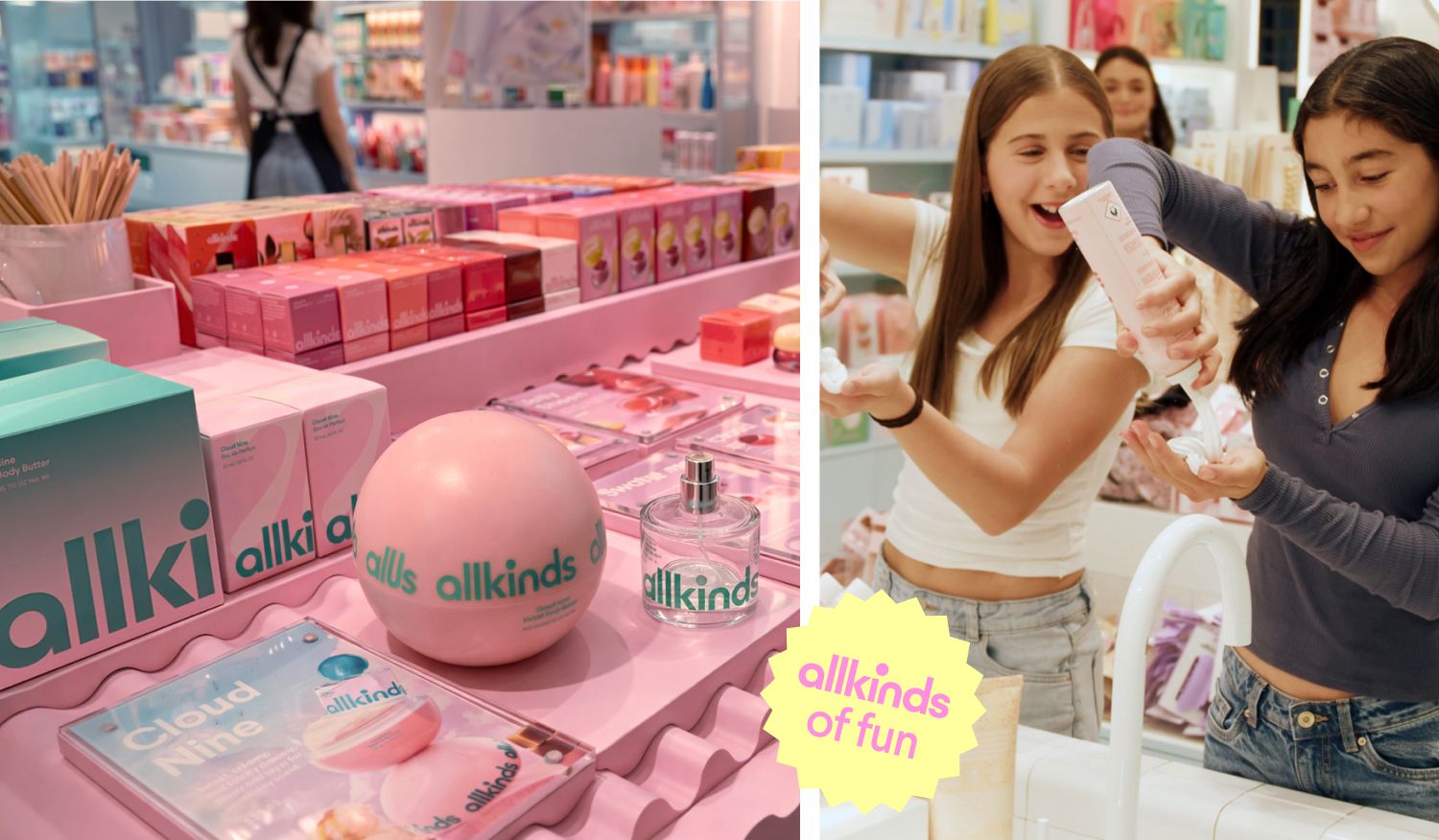 A split image showing an allkinds beauty product display and two smiling girls trying out allkinds products at a sink.