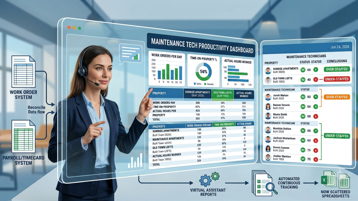 Property manager reviewing a maintenance technician productivity dashboard that combines work order, payroll, and timecard data to track work orders, time on property, labor hours, staffing levels, and maintenance performance across multiple properties