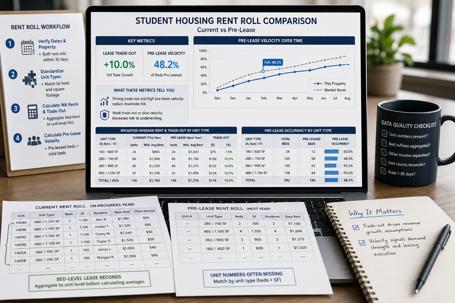 Student housing rent roll comparison dashboard showing current and pre-lease rental data, lease trade-out metrics, pre-lease velocity charts, and rent roll worksheets used for multifamily underwriting analysis