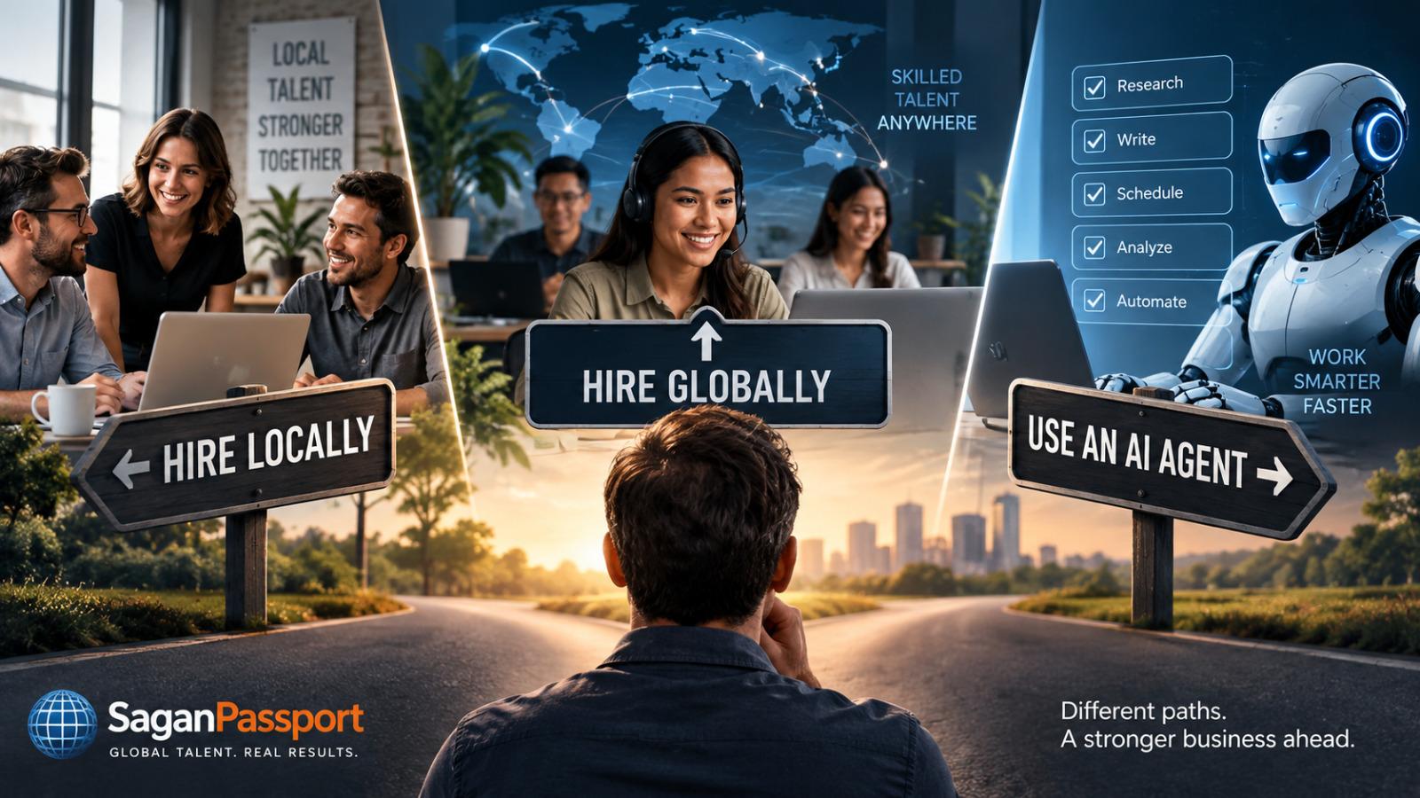 Alt text: Business owner choosing between hiring locally, hiring globally, or using an AI agent