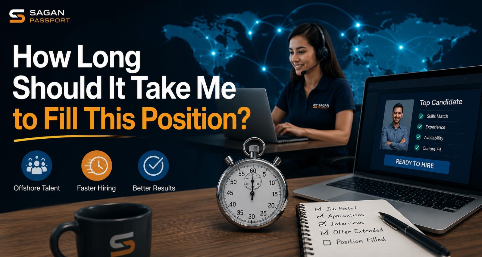 Sagan Passport hiring timeline graphic showing offshore talent, faster hiring, and better results.
