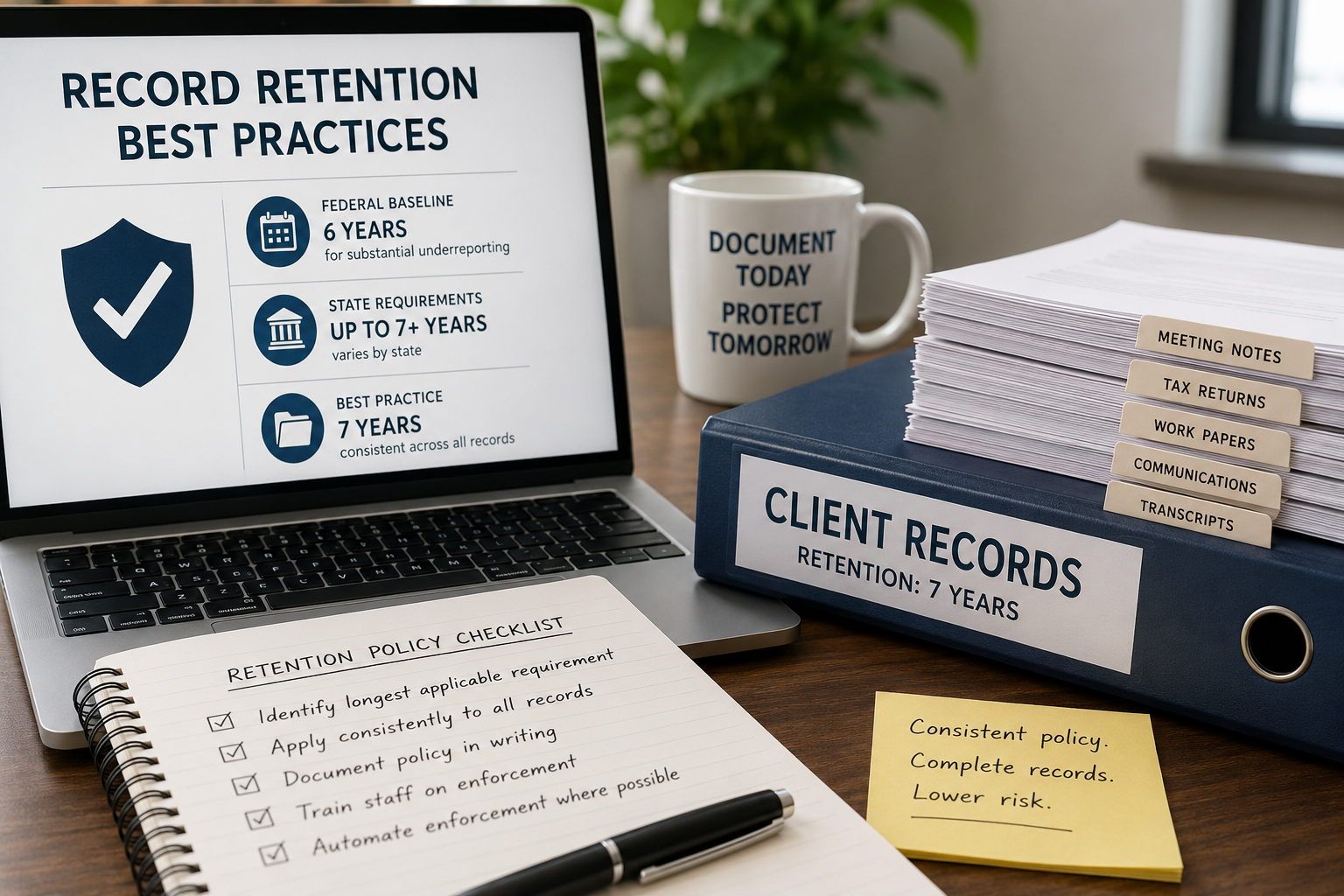 Accounting firm client meeting notes retention policy with organized records, tax documents, transcripts, and a seven-year record retention system