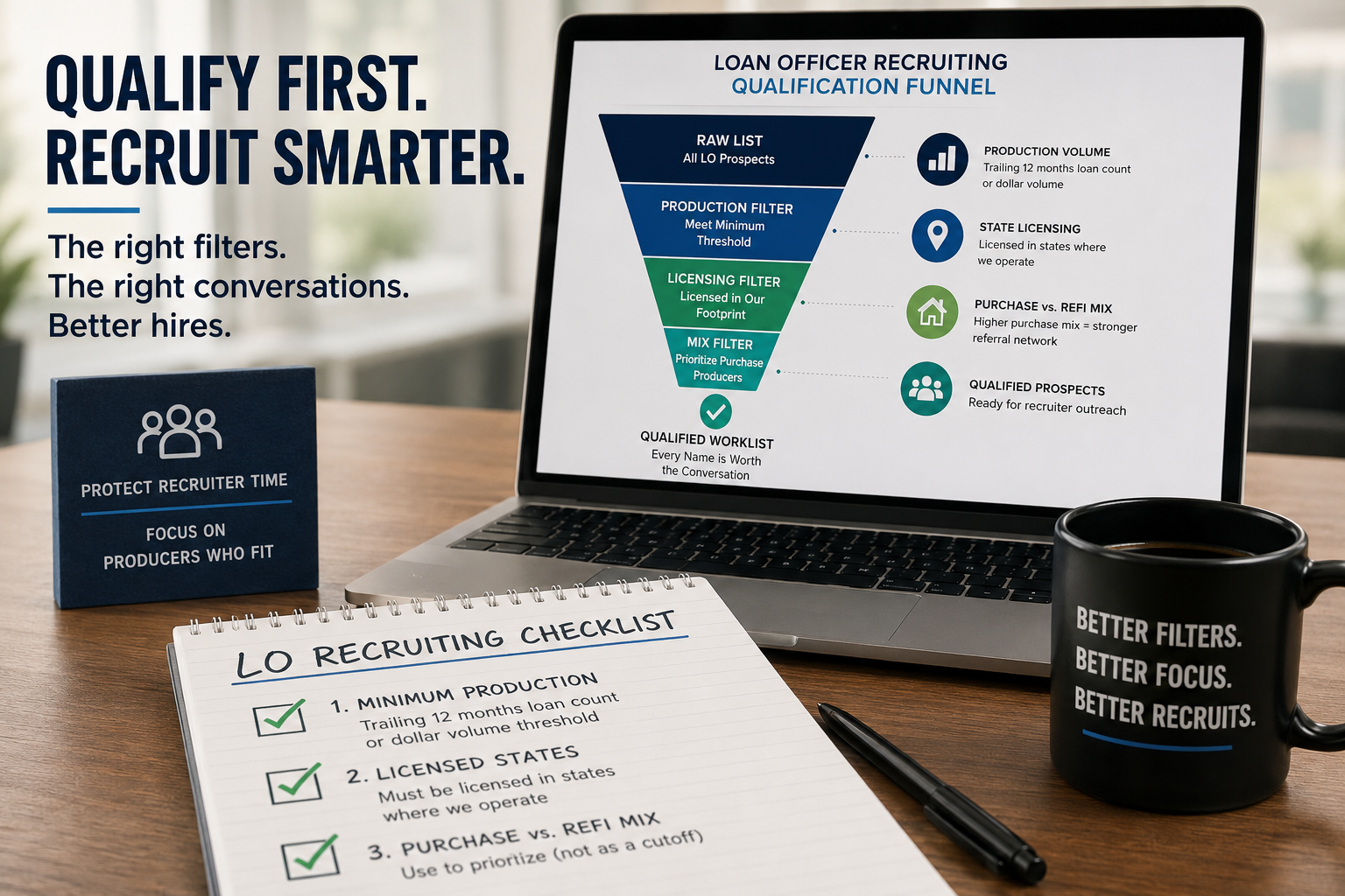 Loan officer recruiting qualification checklist showing production filters, state licensing verification, and candidate screening before recruiter outreach.