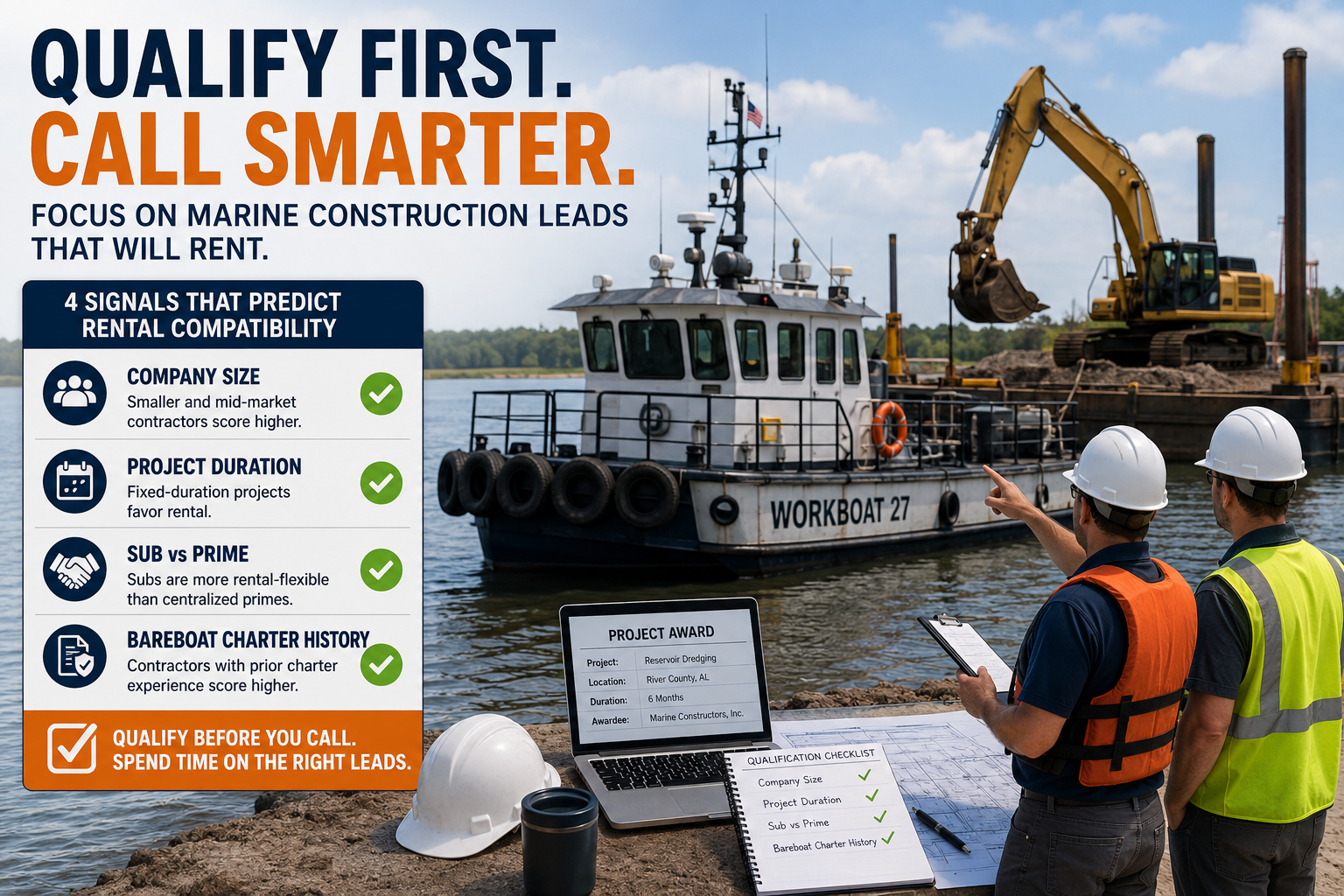 Marine construction professionals reviewing a project award and qualification checklist beside a workboat and dredging equipment to identify equipment rental opportunities for marine construction projects.