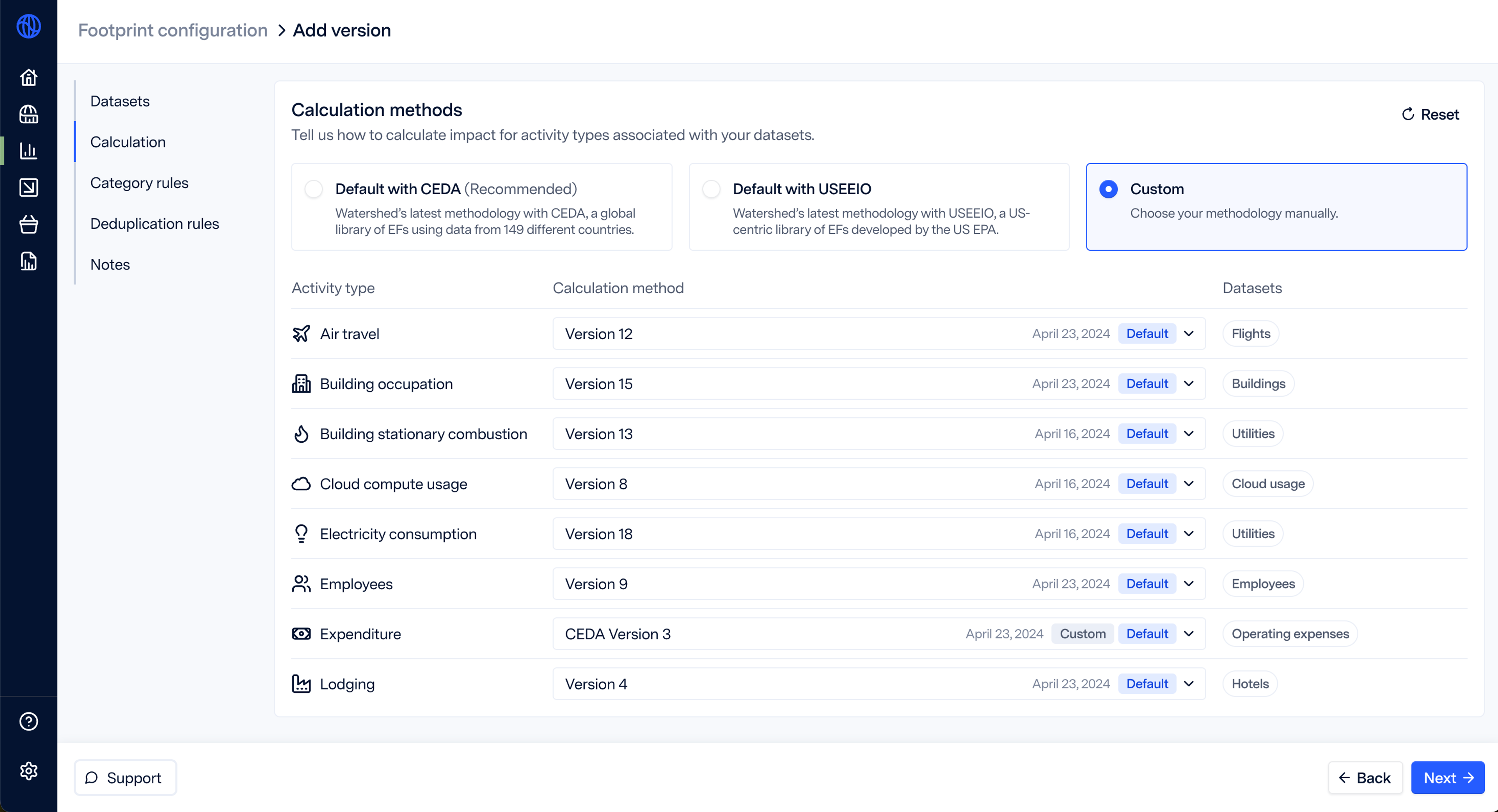 screenshot of footprint configuration page showing different calculation versions