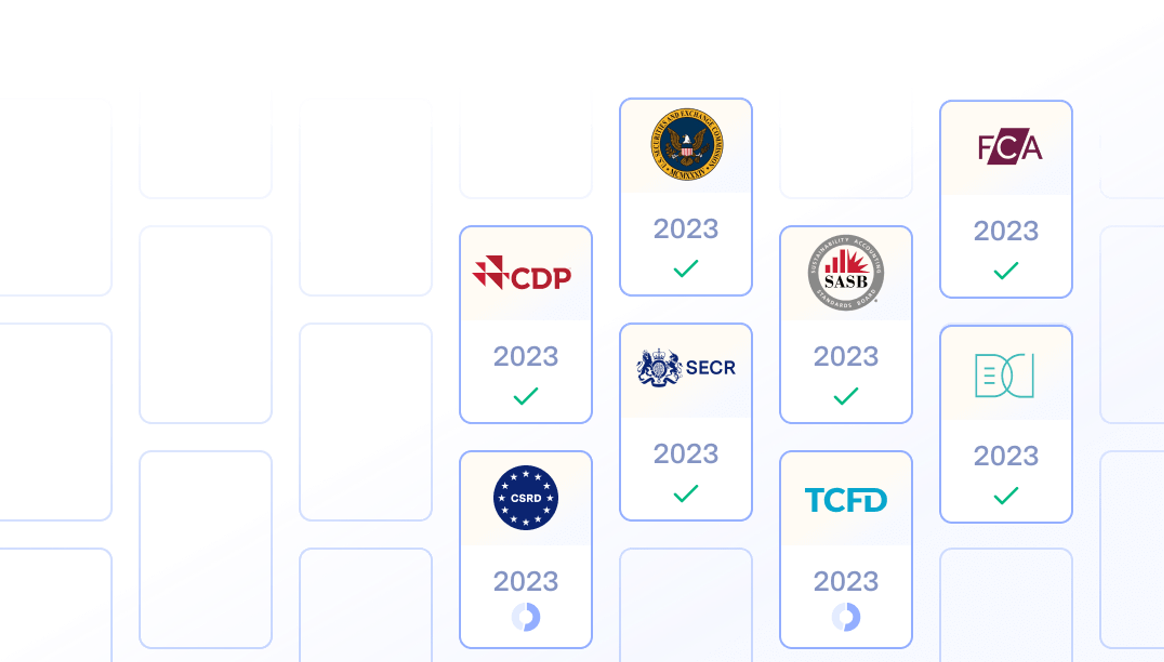 Illustration of report cards with TCFD, CDP, etc logos from each year