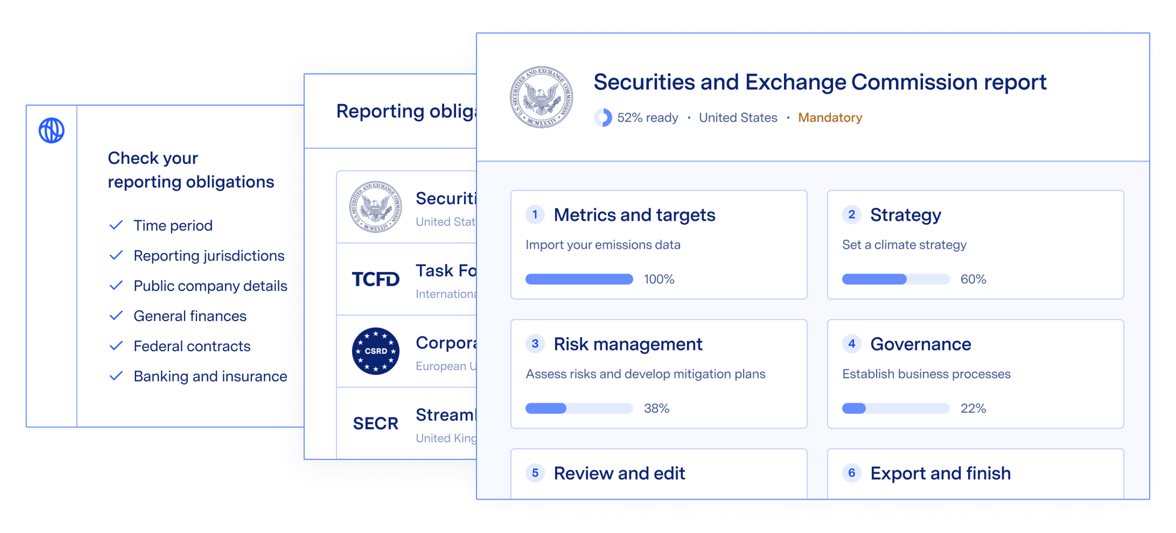 Animated screenshot of product showing reporting obligations and SEC report