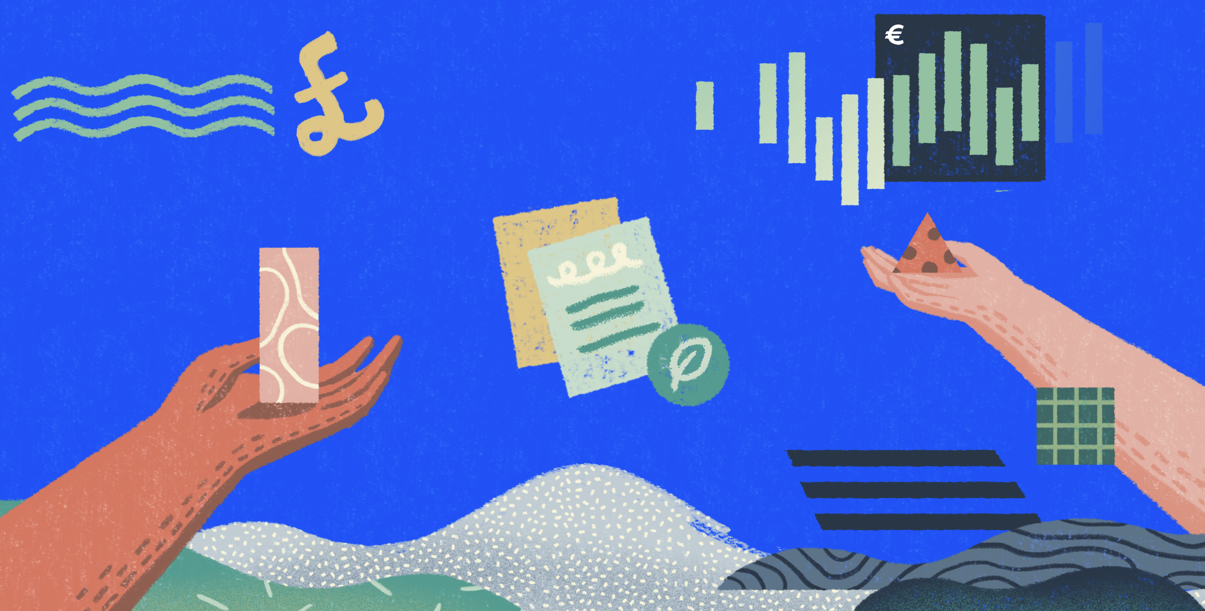 Illustration of a landscape embedded with bar charts & the European flag above