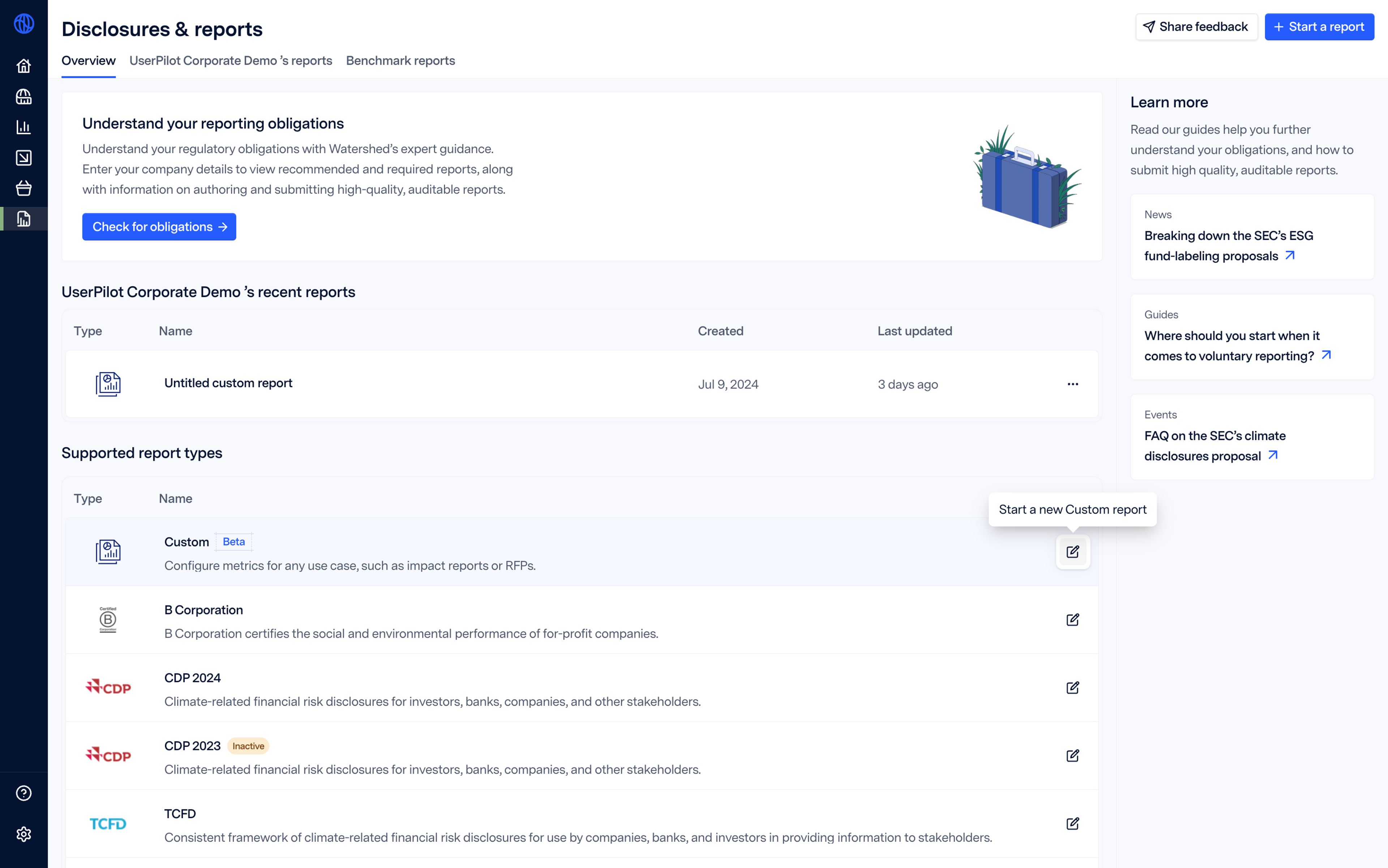 Disclosures & reports homepage in Watershed