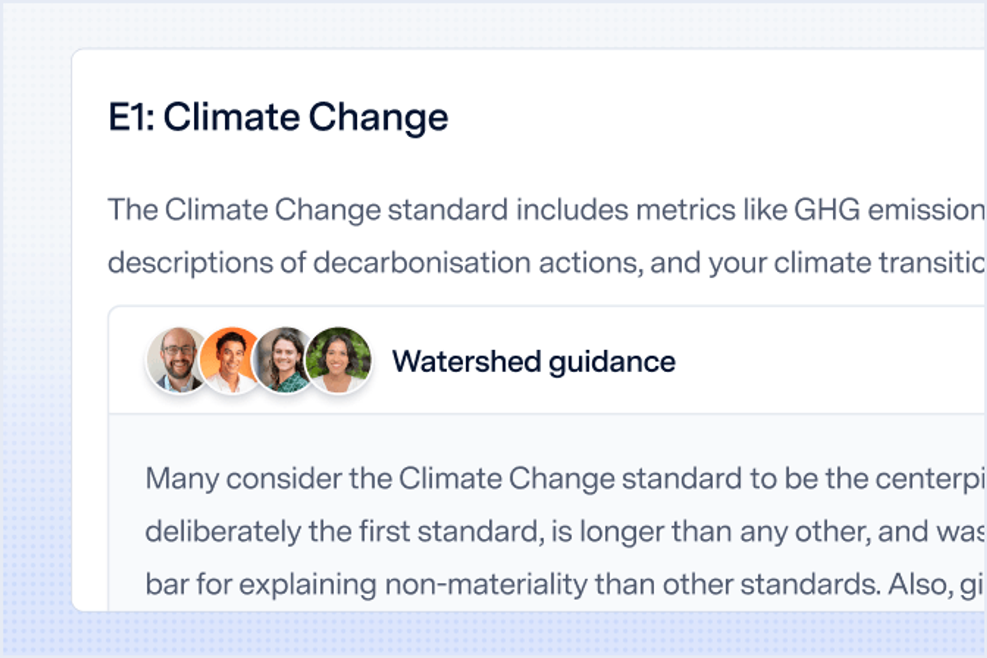 E1 Climate Change standard page with Watershed expert guidance on decarbonisation metrics