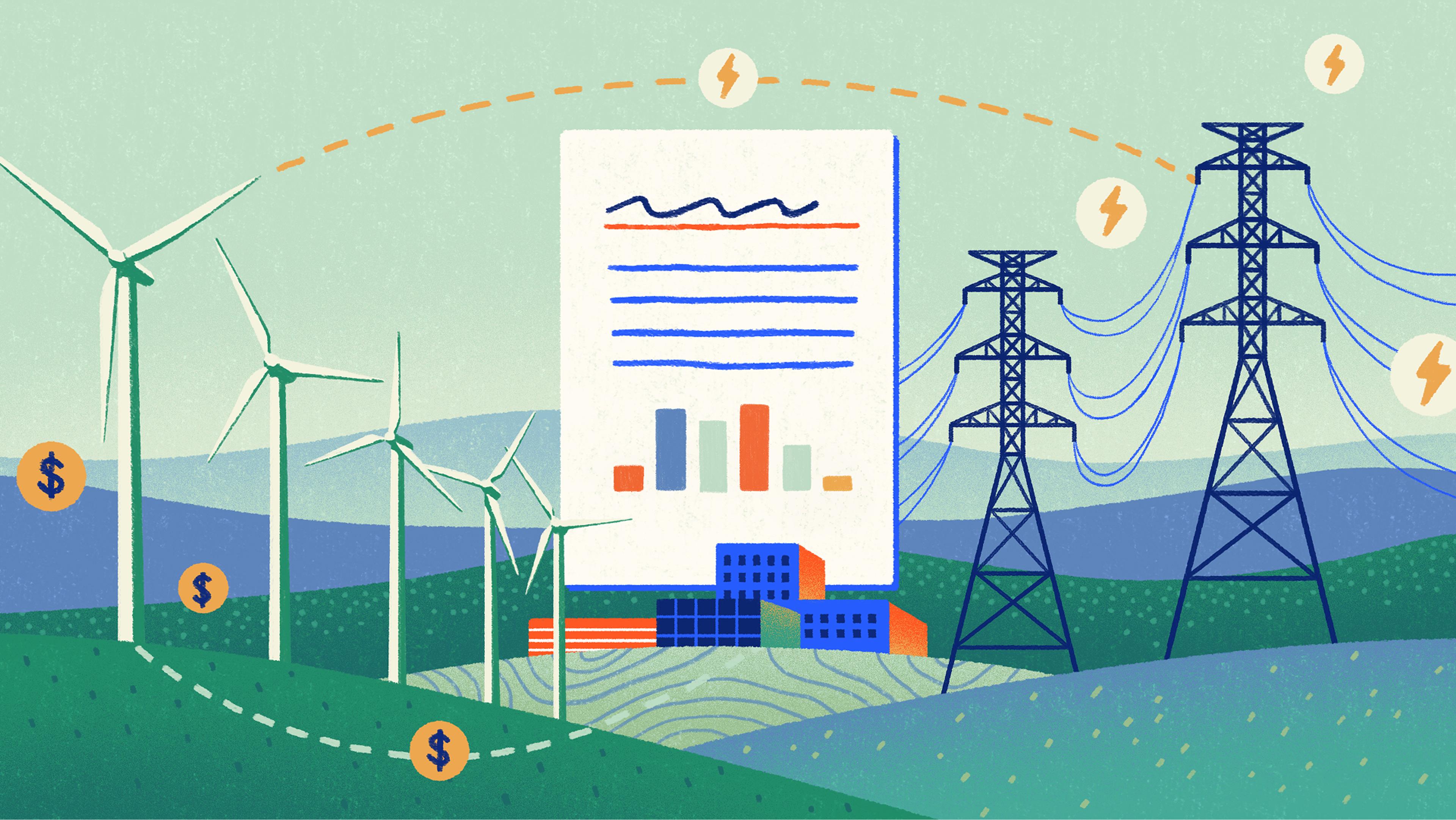 Wind mills with an image of a report