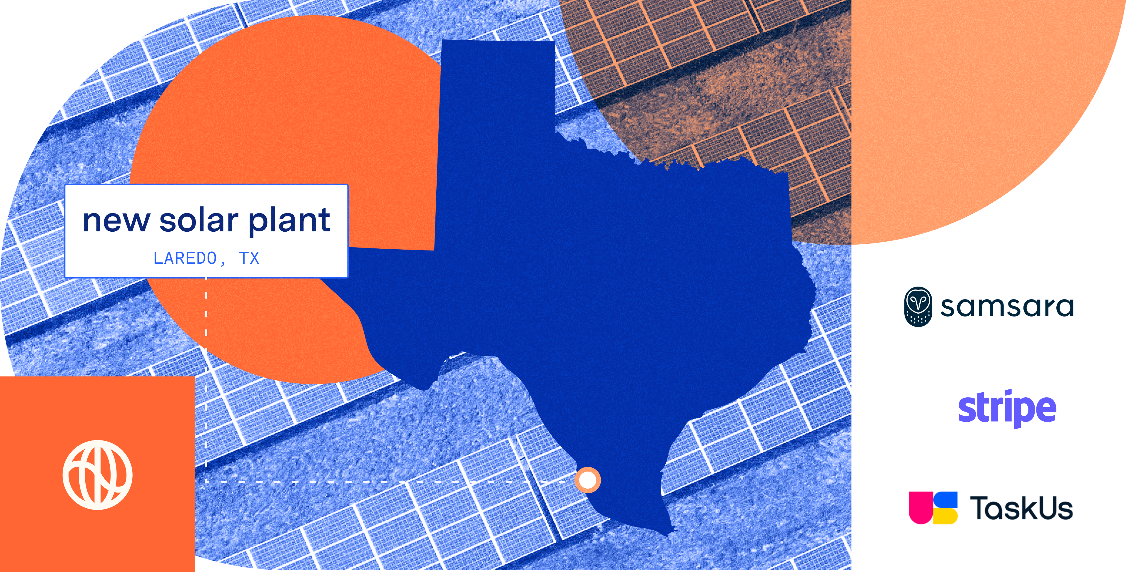 map of Texas with solar plant placed in Laredo, TX with the logos of Watershed, Samsara, Stripe and TaskUs