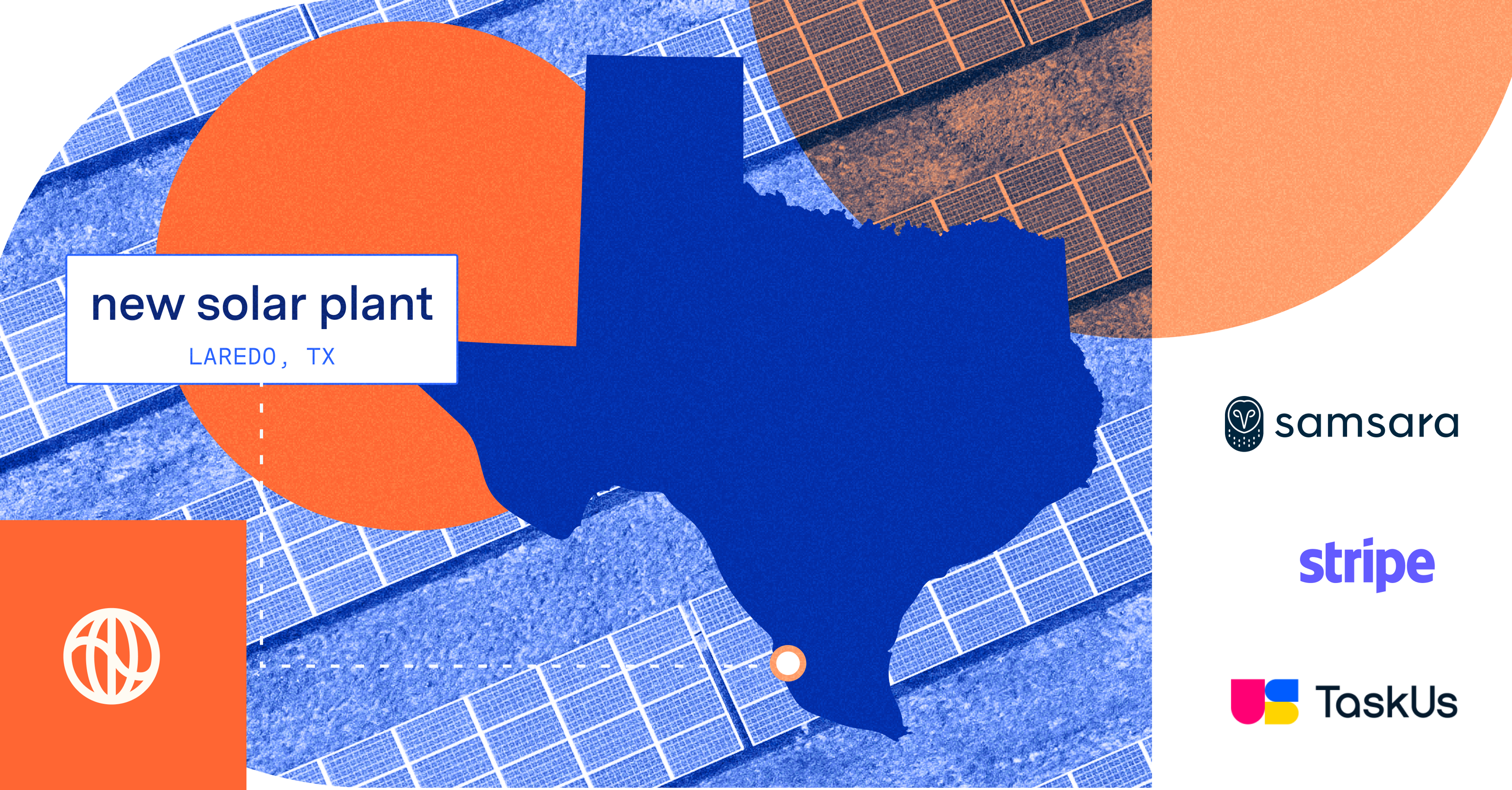 map of Texas with solar plant placed in Laredo, TX with the logos of Watershed, Samsara, Stripe and TaskUs