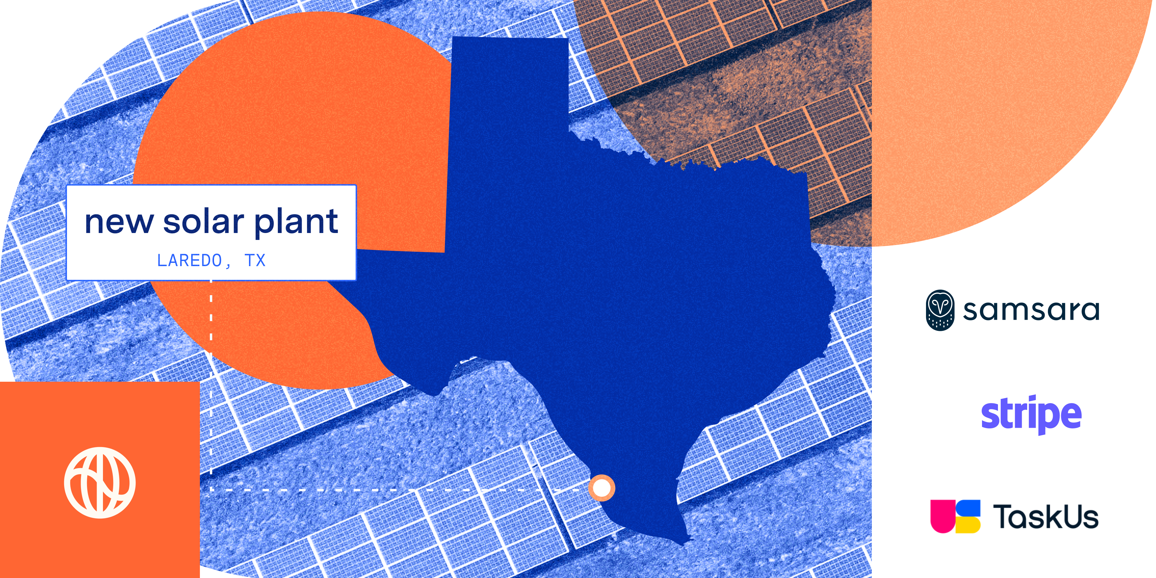map of Texas with solar plant placed in Laredo, TX with the logos of Watershed, Samsara, Stripe and TaskUs