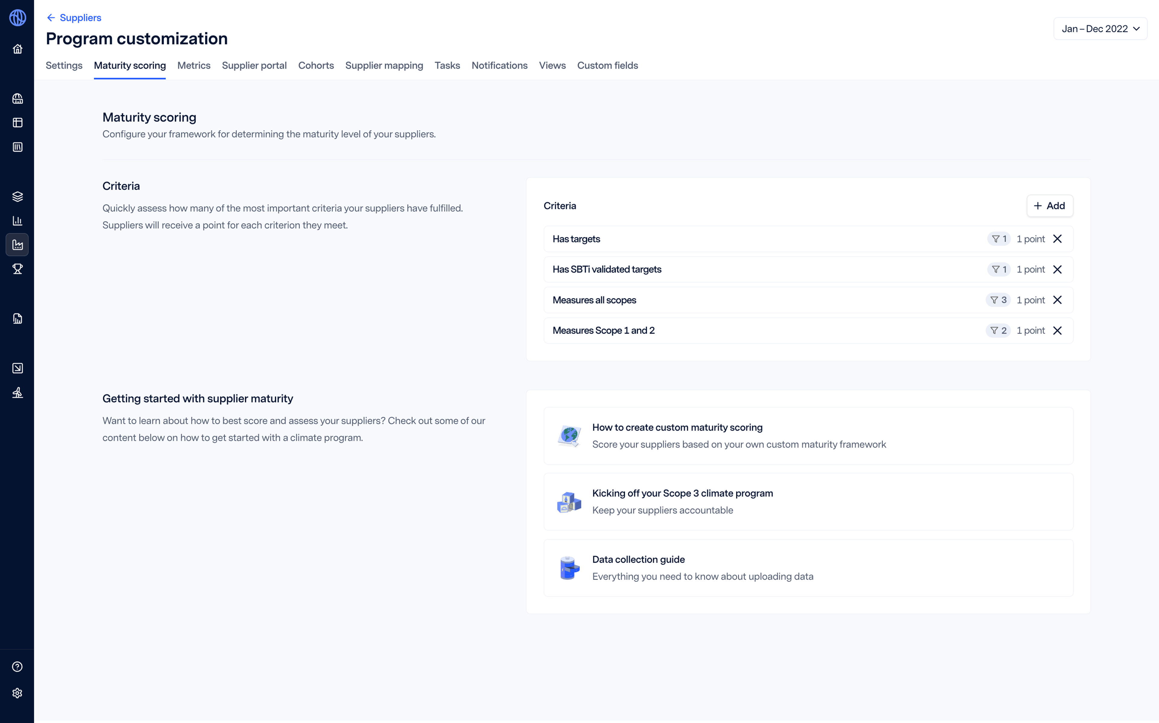 Program customization page, maturity scoring tab