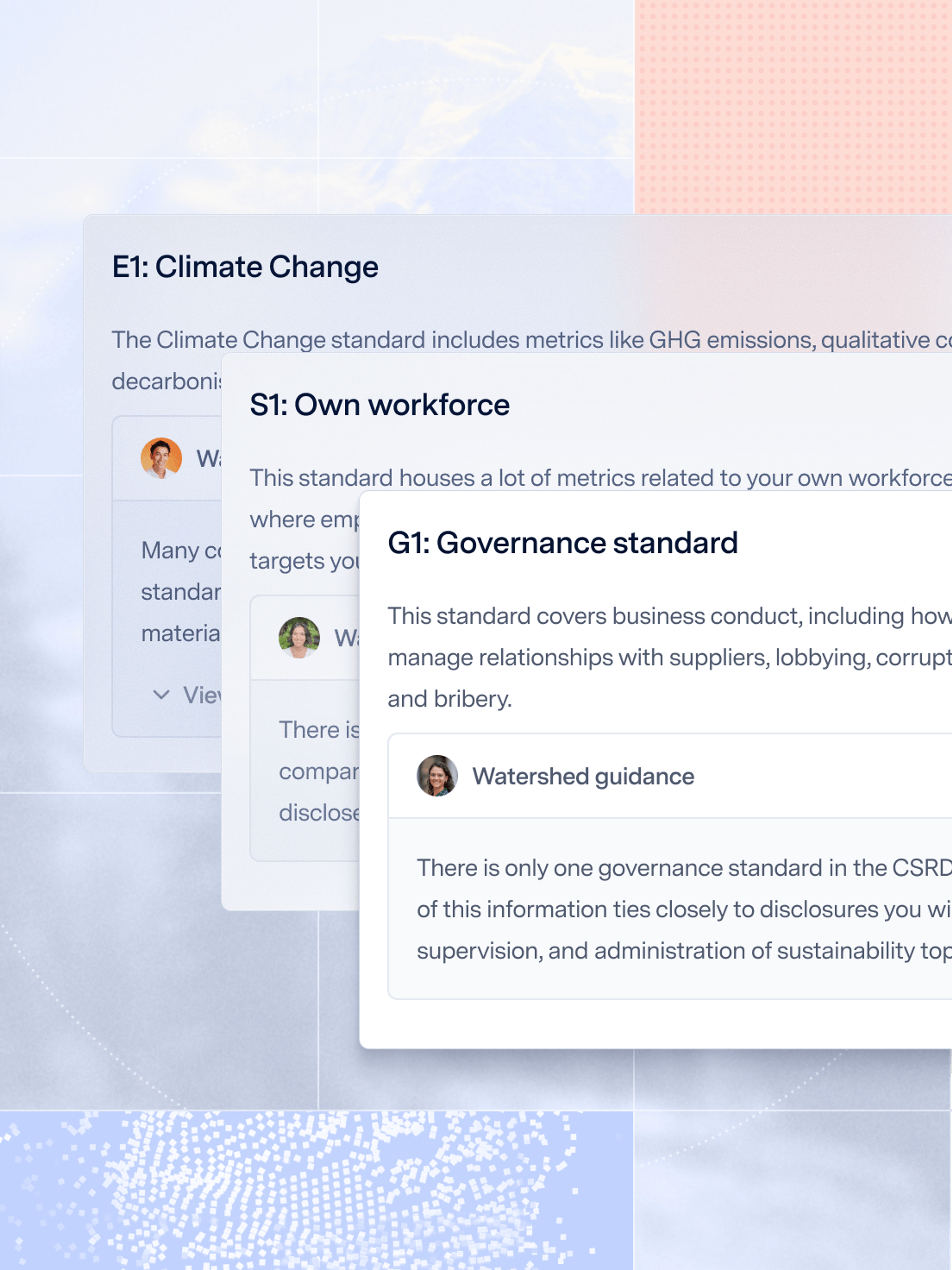 Overlapping CSRD standard cards for Climate Change, Own Workforce, and Governance with guidance